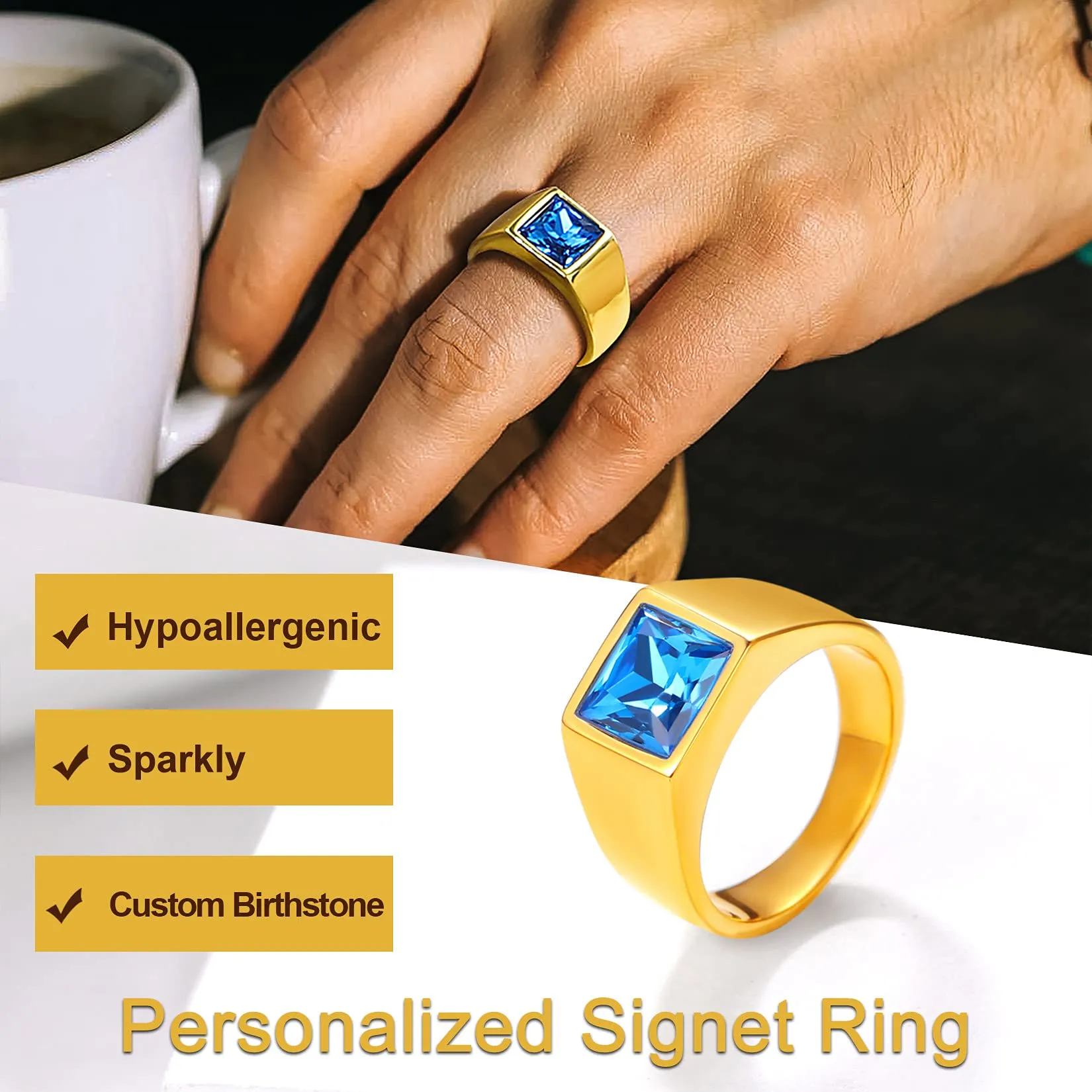 U7 Anello Uomo in Acciaio Inossidabile Oro con Pietra Personalizzata 8mm - immagine 3