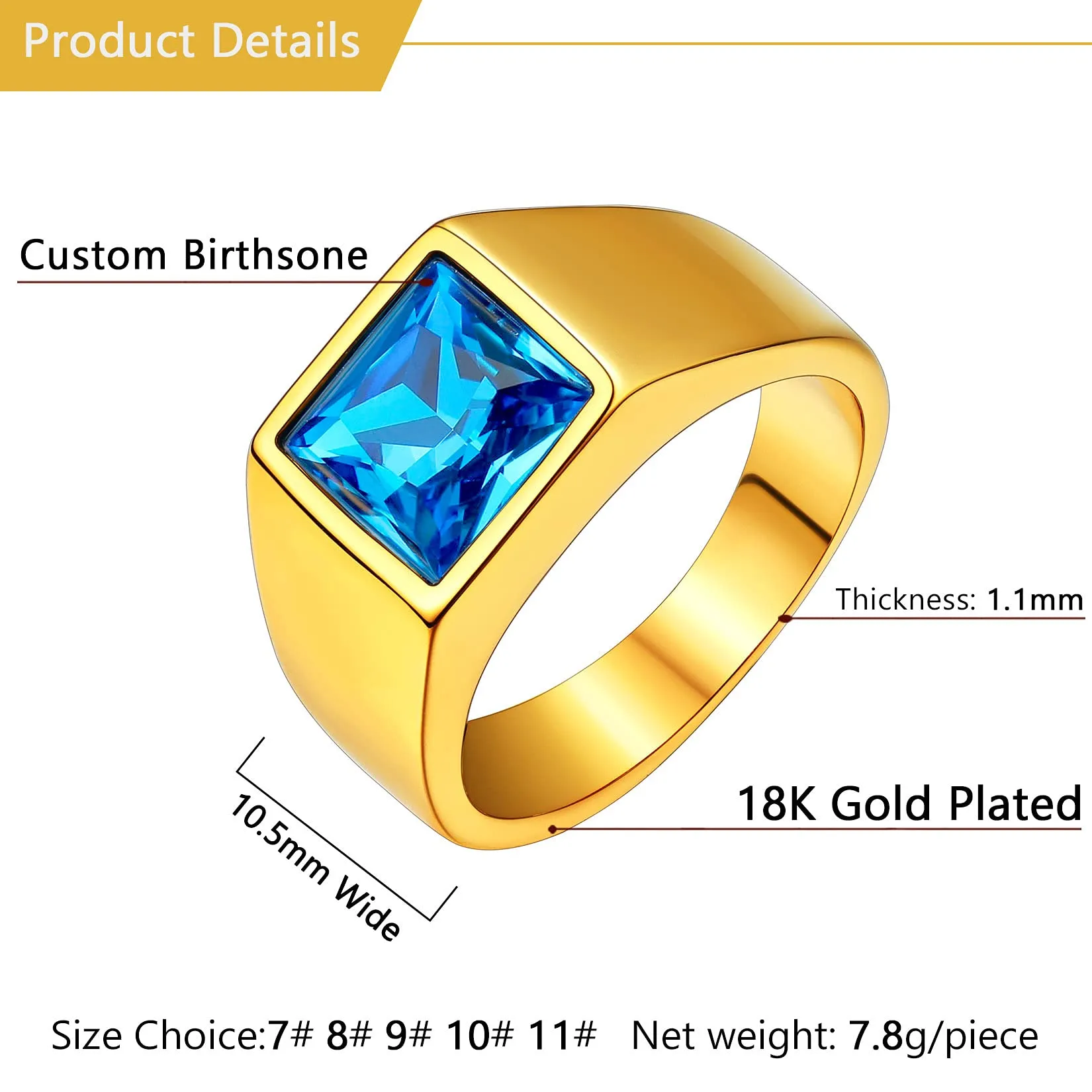 U7 Anello Uomo in Acciaio Inossidabile Oro con Pietra Personalizzata 8mm - immagine 5
