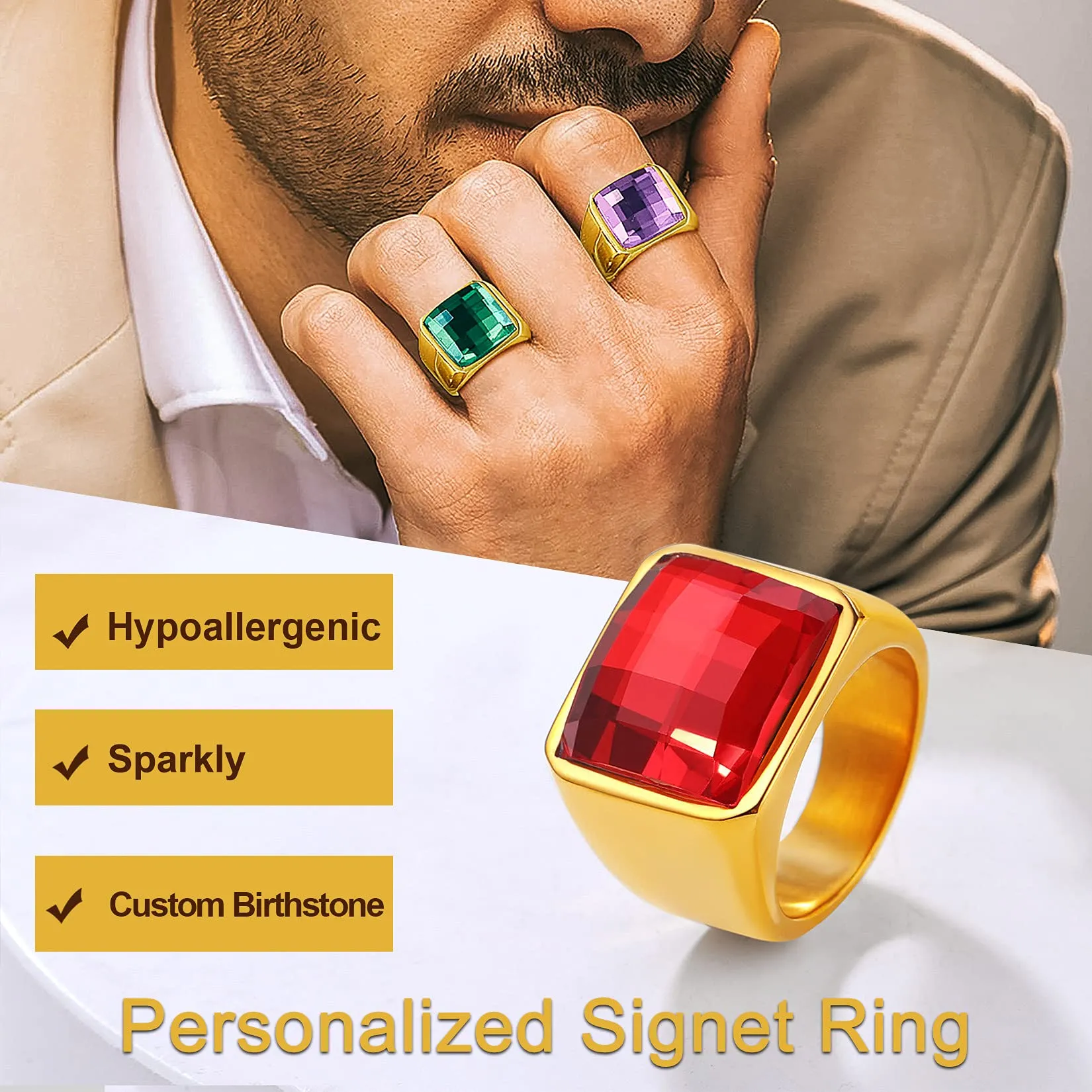 U7 Anello Uomo in Acciaio Inossidabile Oro con Pietra Personalizzata 15mm - immagine 2