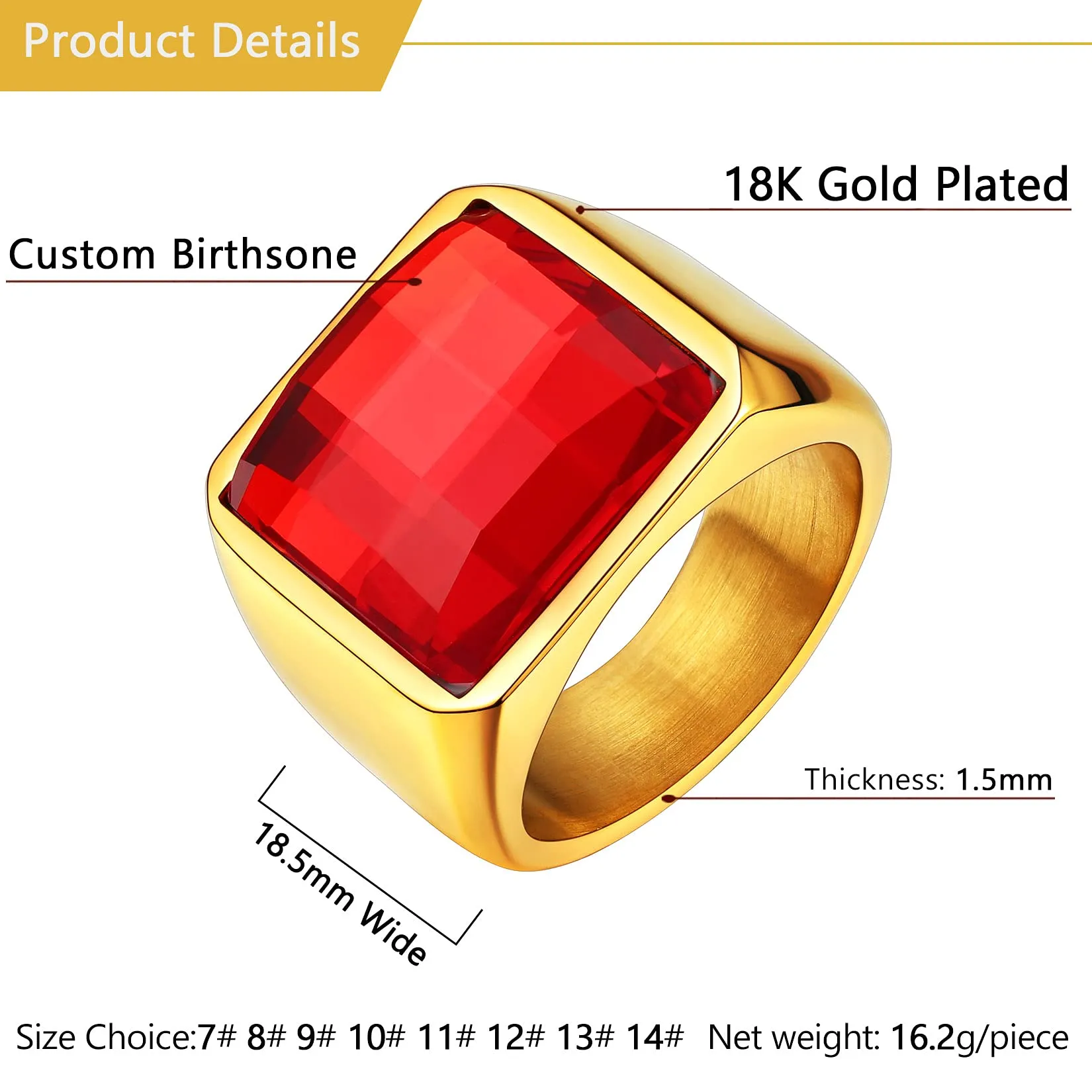 U7 Anello Uomo in Acciaio Inossidabile Oro con Pietra Personalizzata 15mm - immagine 4