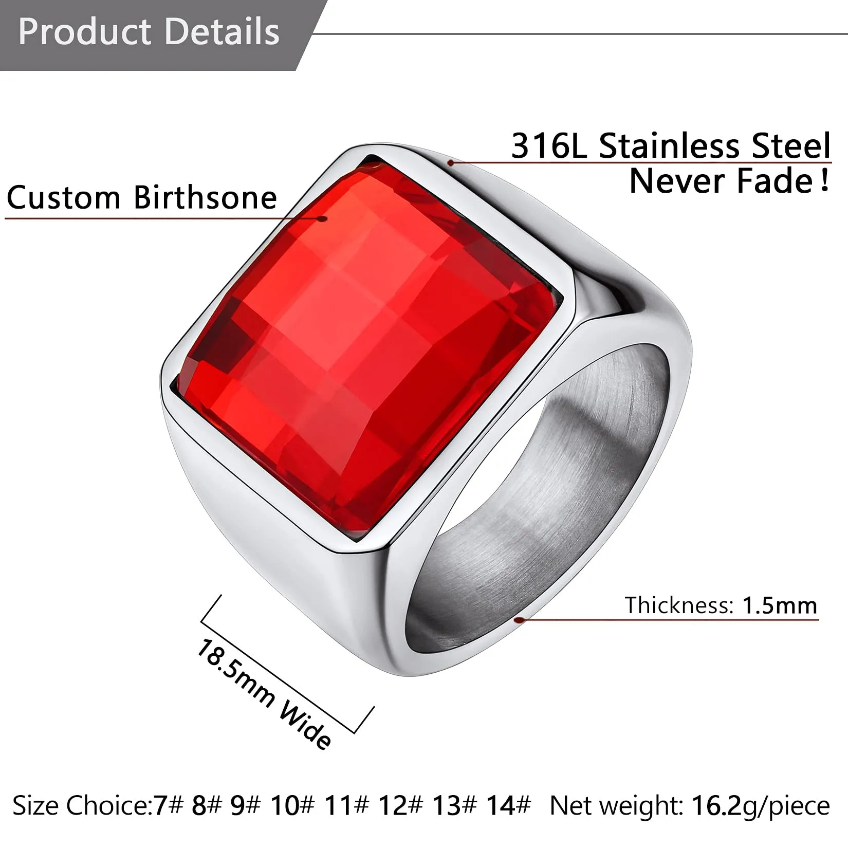 U7 Anello Uomo con Pietra Personalizzata 15mm in Acciaio Inossidabile - immagine 5