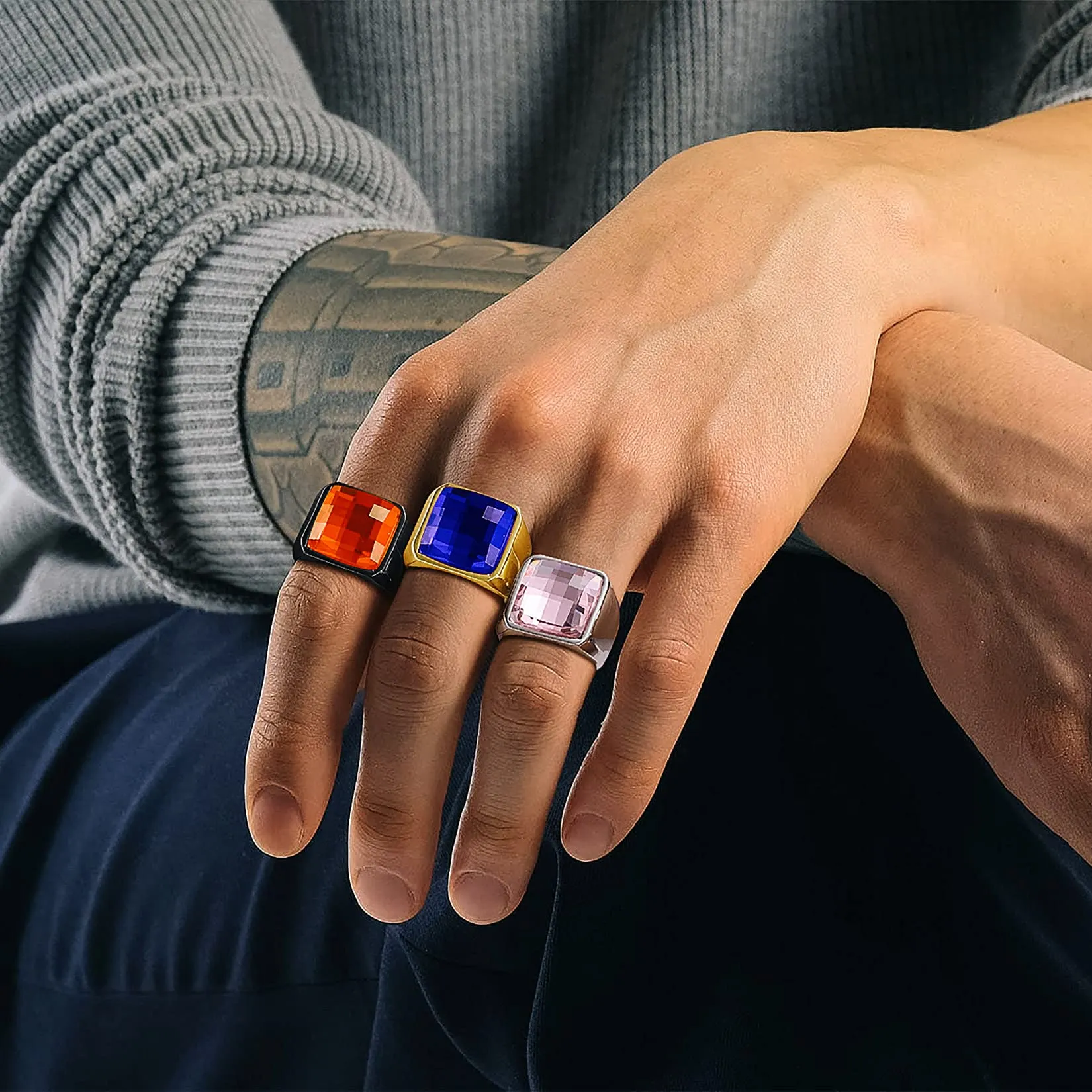 U7 Anello Uomo con Pietra Personalizzata 15mm in Acciaio Inossidabile - immagine 6