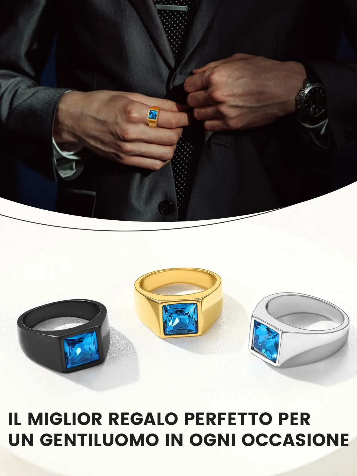 GoldChic Anello Uomo in Acciaio 316L Nero e Zaffiro 8mm Misura 17 - immagine 6