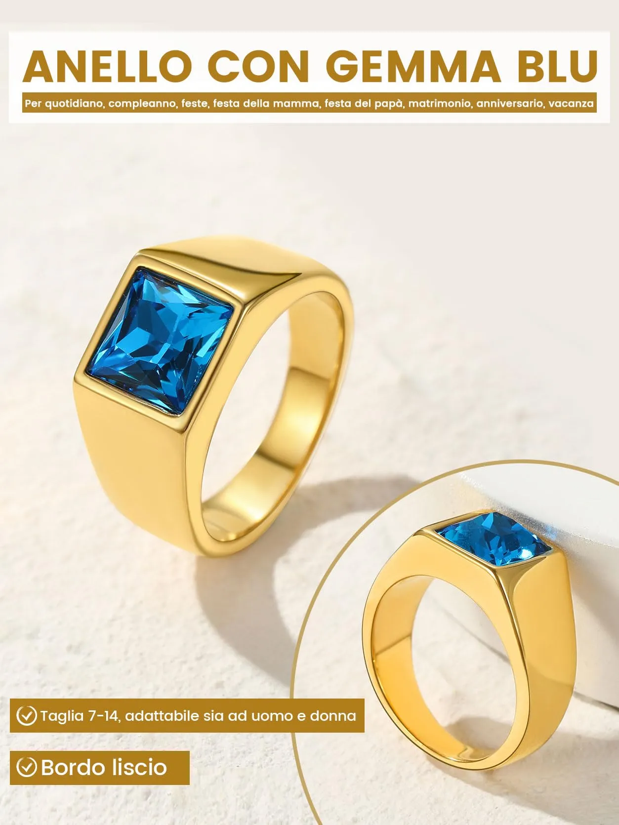 GoldChic Anello Uomo in Acciaio Oro con Zaffiro 8mm Misura 17 - immagine 2