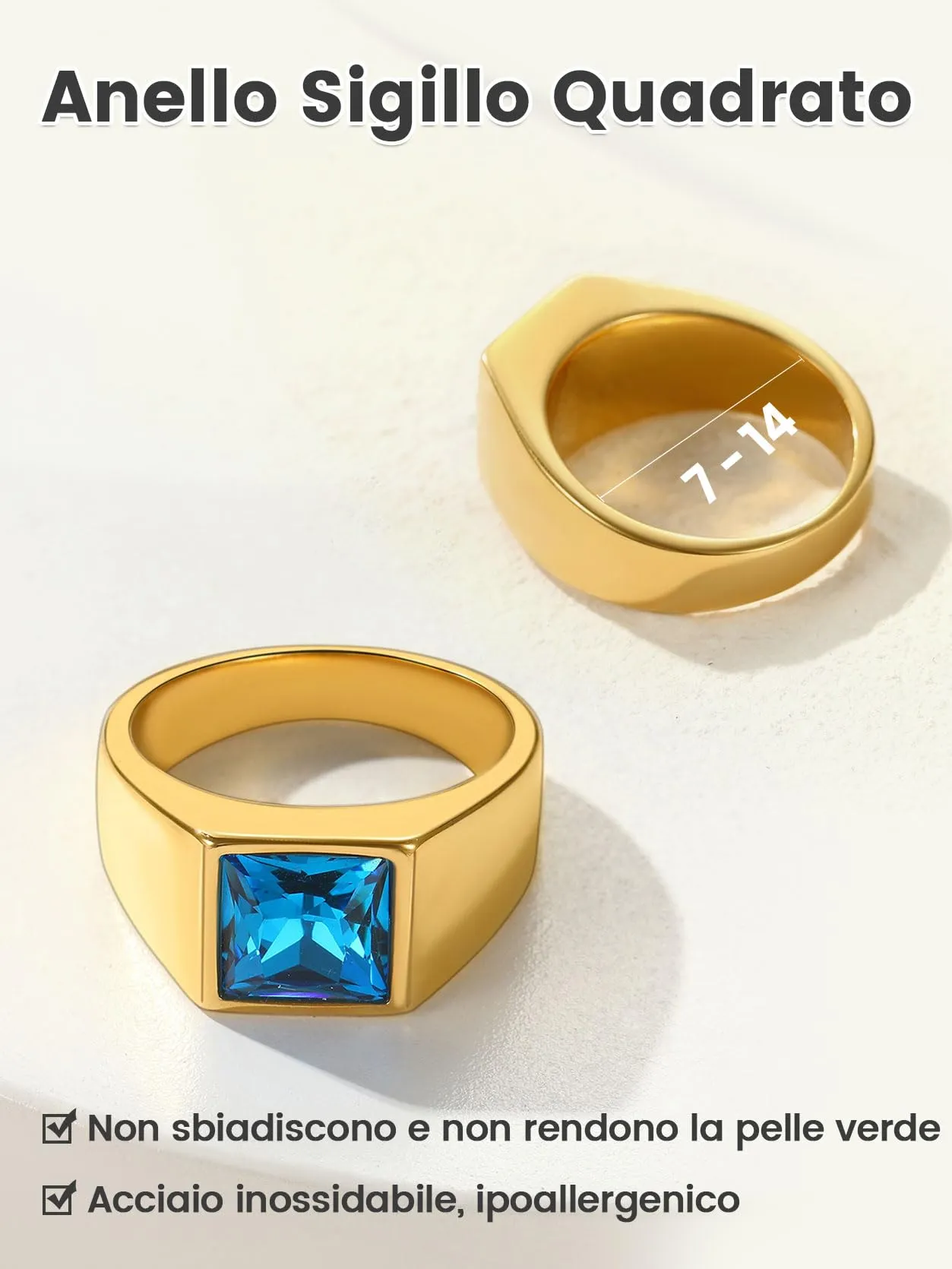 GoldChic Anello Uomo in Acciaio Oro con Zaffiro 8mm Misura 17 - immagine 3