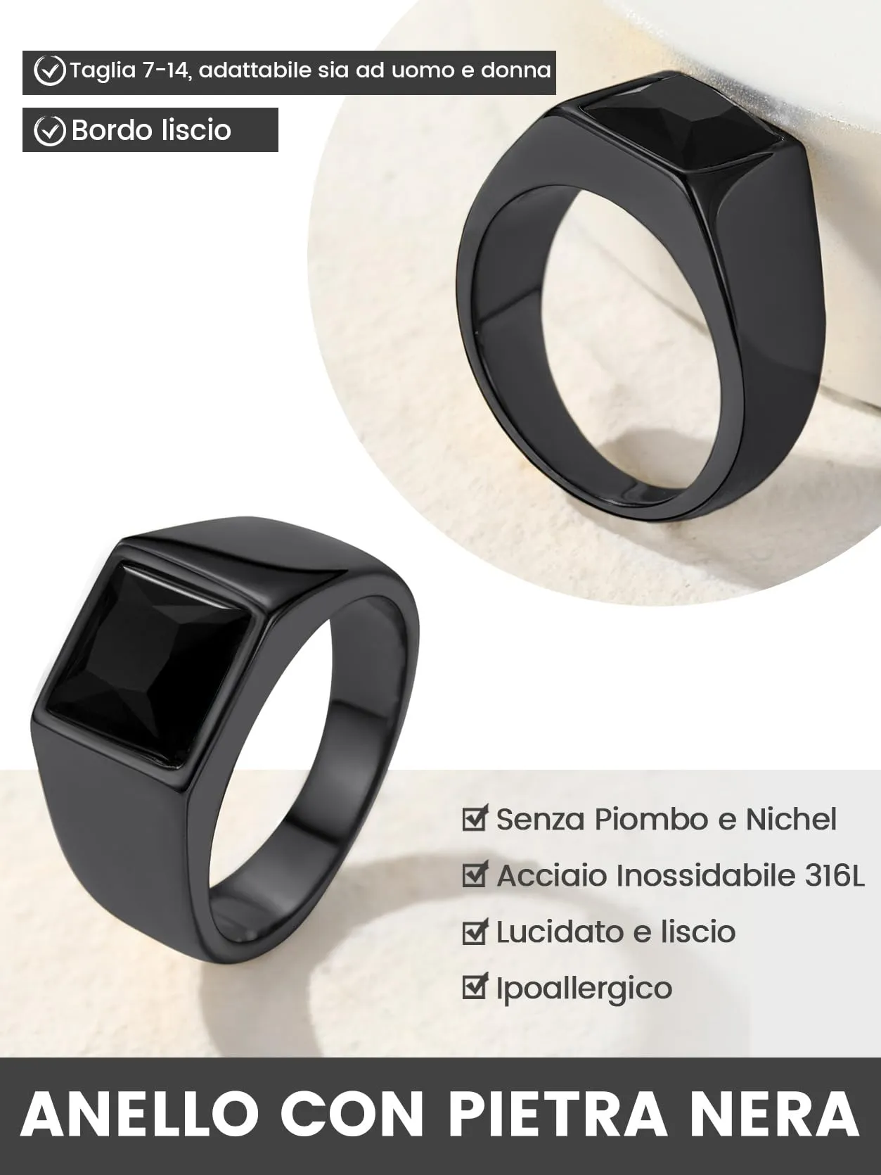 GoldChic Anello Uomo in Acciaio 316L Ossidiana Nera 8mm Taglio Diamante 3D - immagine 2