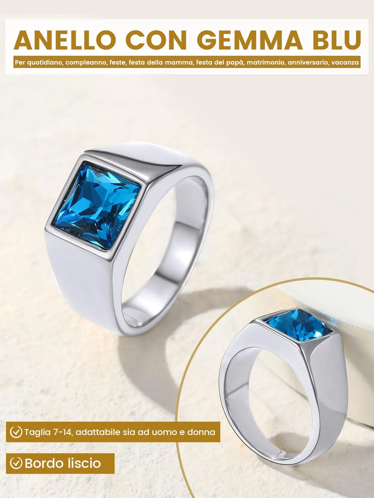 GoldChic Anello Uomo in Acciaio 316L Argento con Zaffiro 8mm Misura 27 - immagine 3
