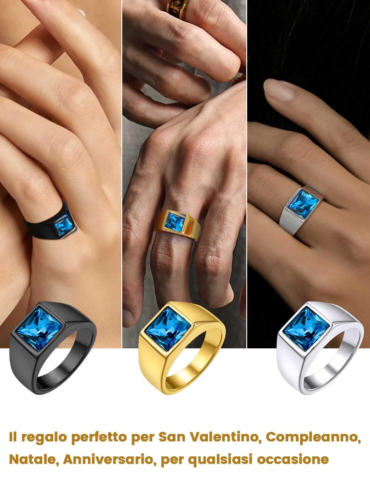 GoldChic Anello Uomo in Acciaio Argento con Zaffiro 8mm Misura 14 - immagine 6