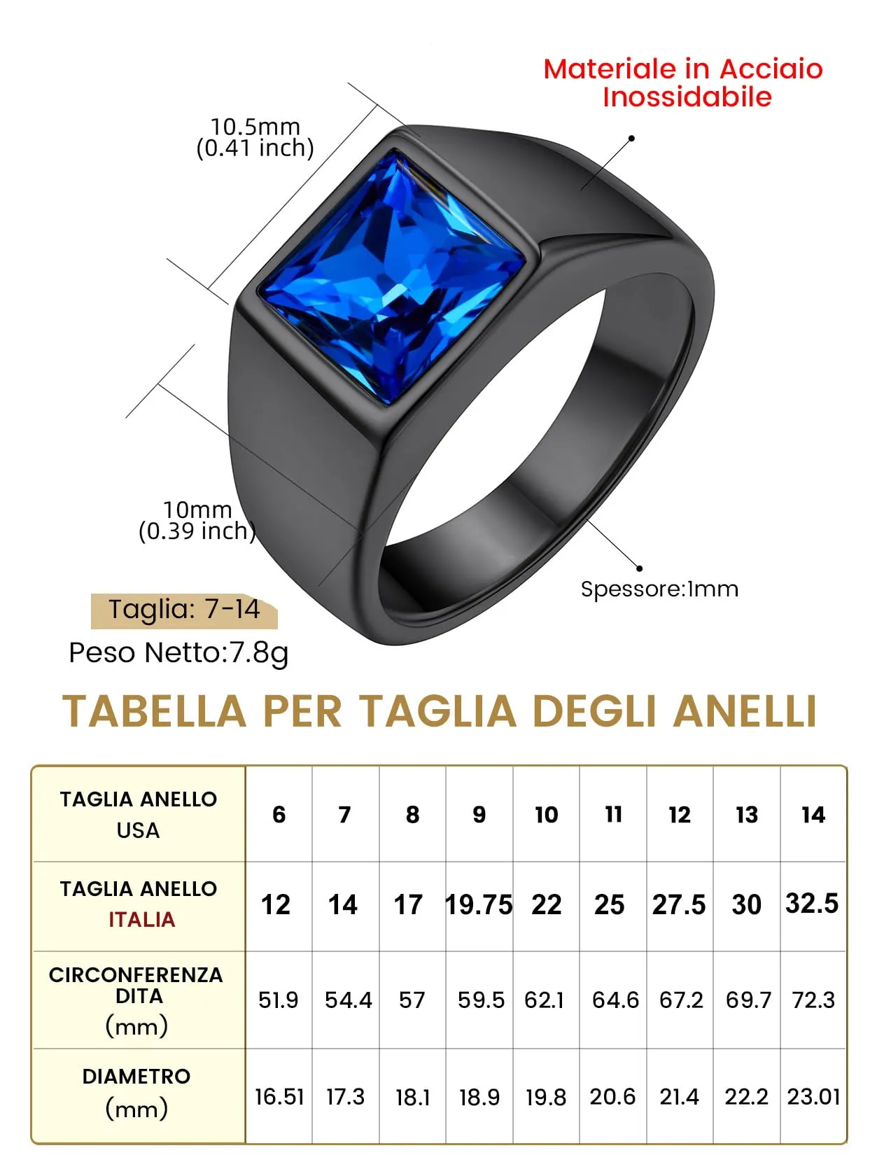 GoldChic Anello Uomo in Acciaio 316L Nero Zaffiro 8mm Misura 22 - immagine 3