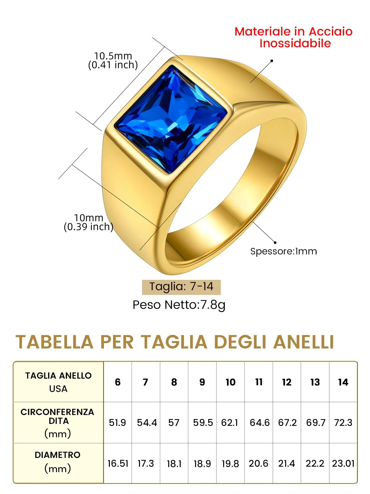 GoldChic Anello Uomo in Acciaio Oro Zaffiro 8mm Misura 25 - immagine 5
