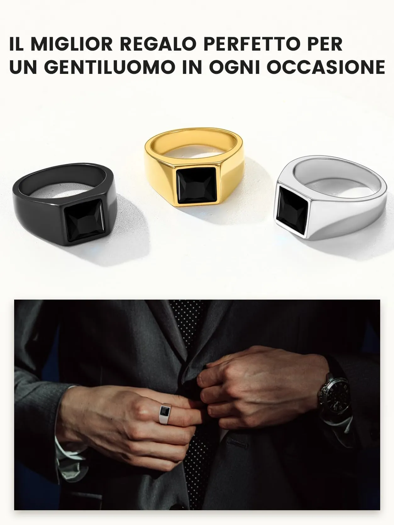 GoldChic Anello Uomo in Acciaio 316L con Ossidiana 8mm Argento - immagine 7