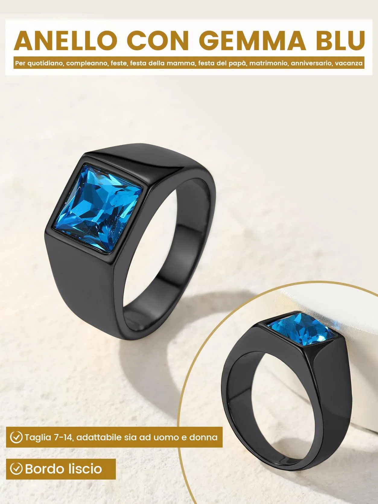 GoldChic Anello Uomo in Acciaio Zaffiro Nero 8mm Misura 25 - immagine 7