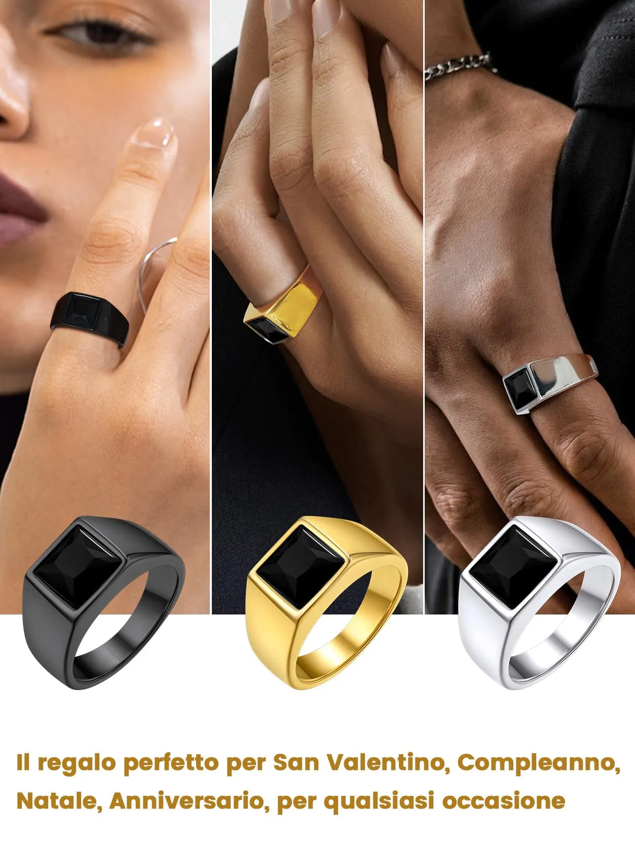 GoldChic Anello Uomo in Acciaio 316L con Ossidiana Nera 8mm Misura 14 - immagine 3
