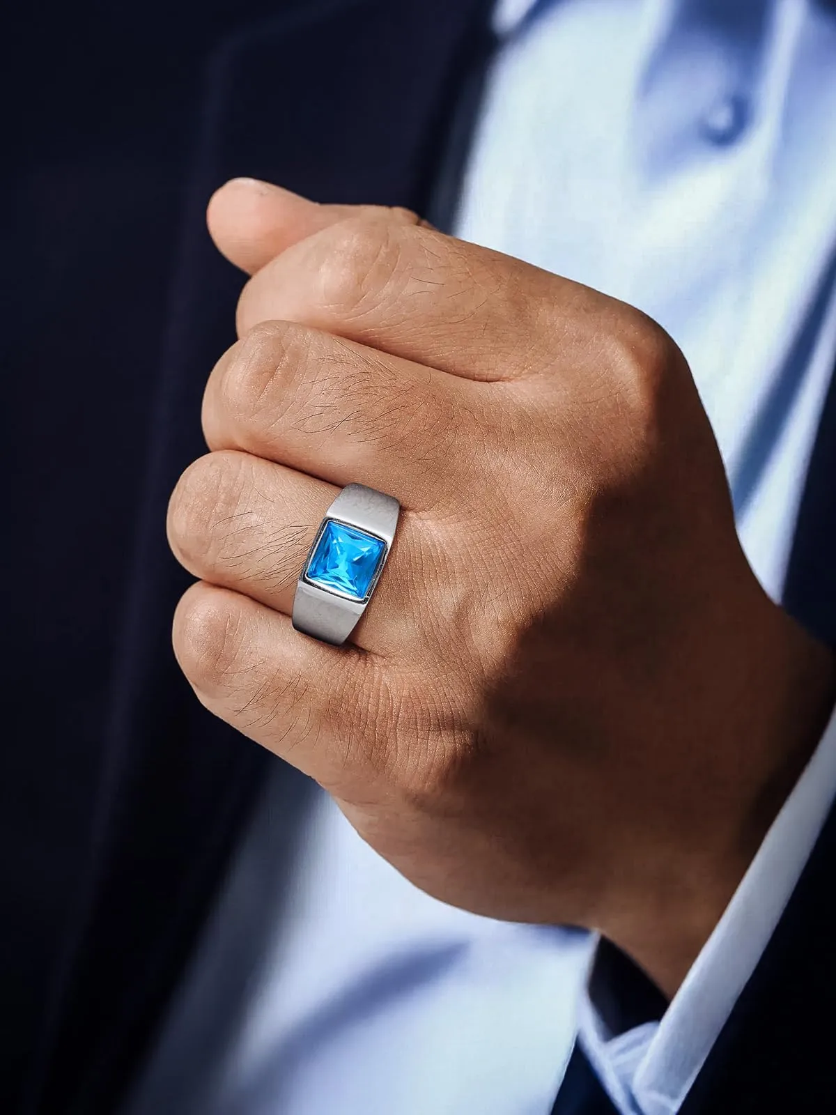 U7 Anello Uomo in Acciaio Inossidabile con Pietra Blu 8mm, Taglia 14,5 - immagine 3