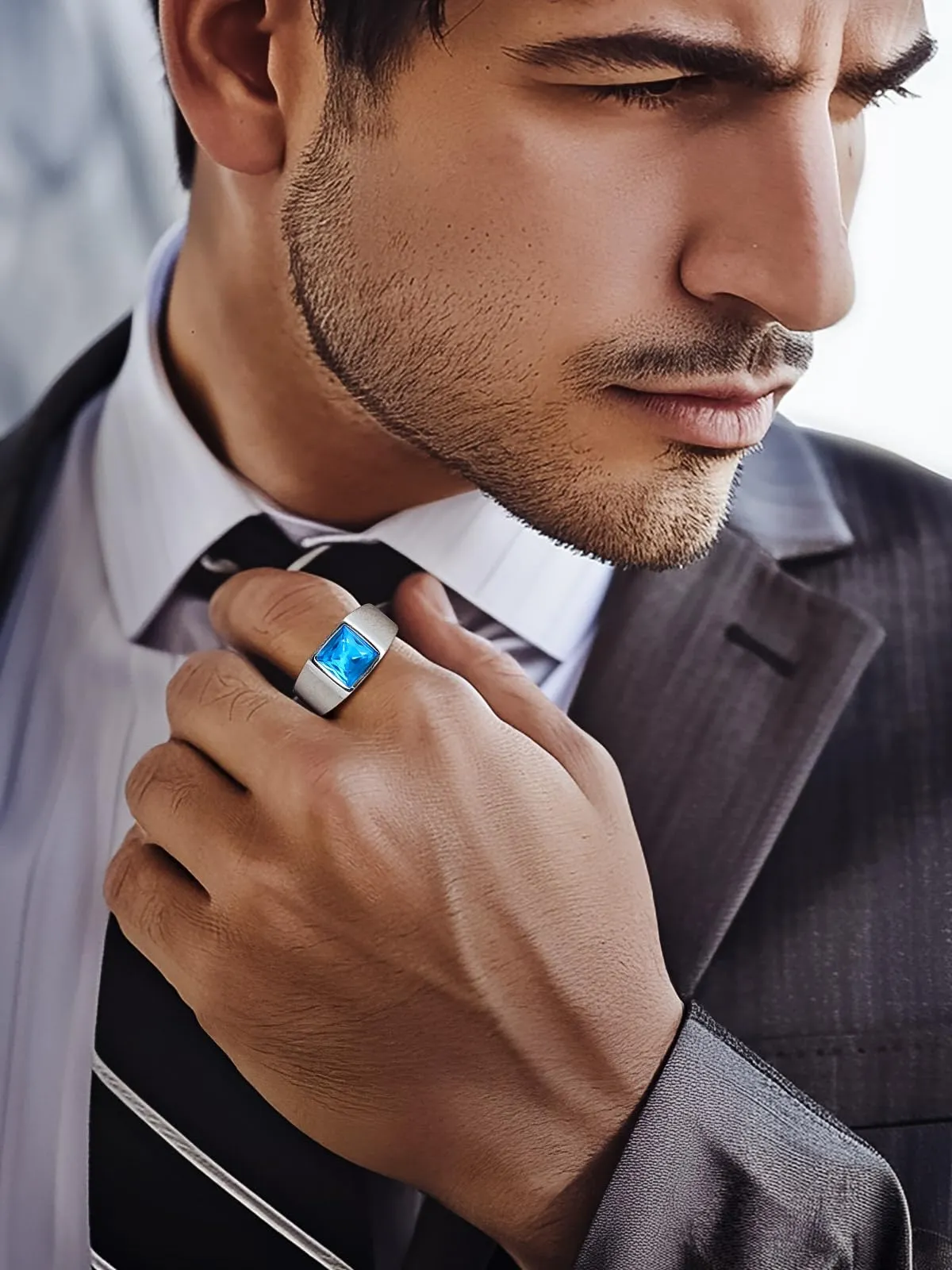 U7 Anello Uomo in Acciaio Inossidabile con Pietra Blu 8mm, Taglia 14,5 - immagine 7