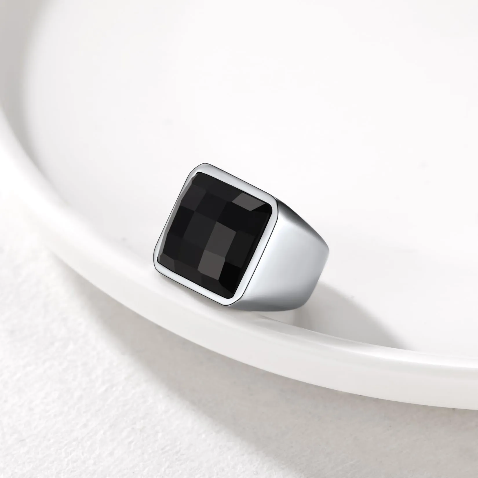 U7 Anello Uomo in Acciaio Inossidabile con Pietra Nera 15mm Taglia 19,75 - immagine 5