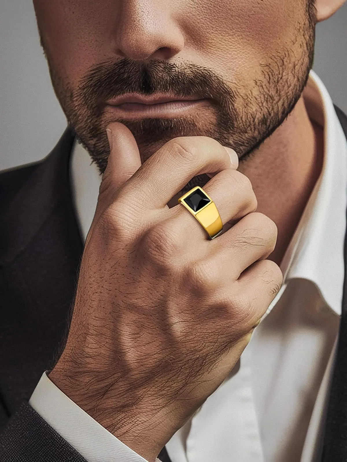 U7 Anello Uomo in Acciaio Inossidabile Oro con Pietra Nera 8mm Taglia 32,5 - immagine 5