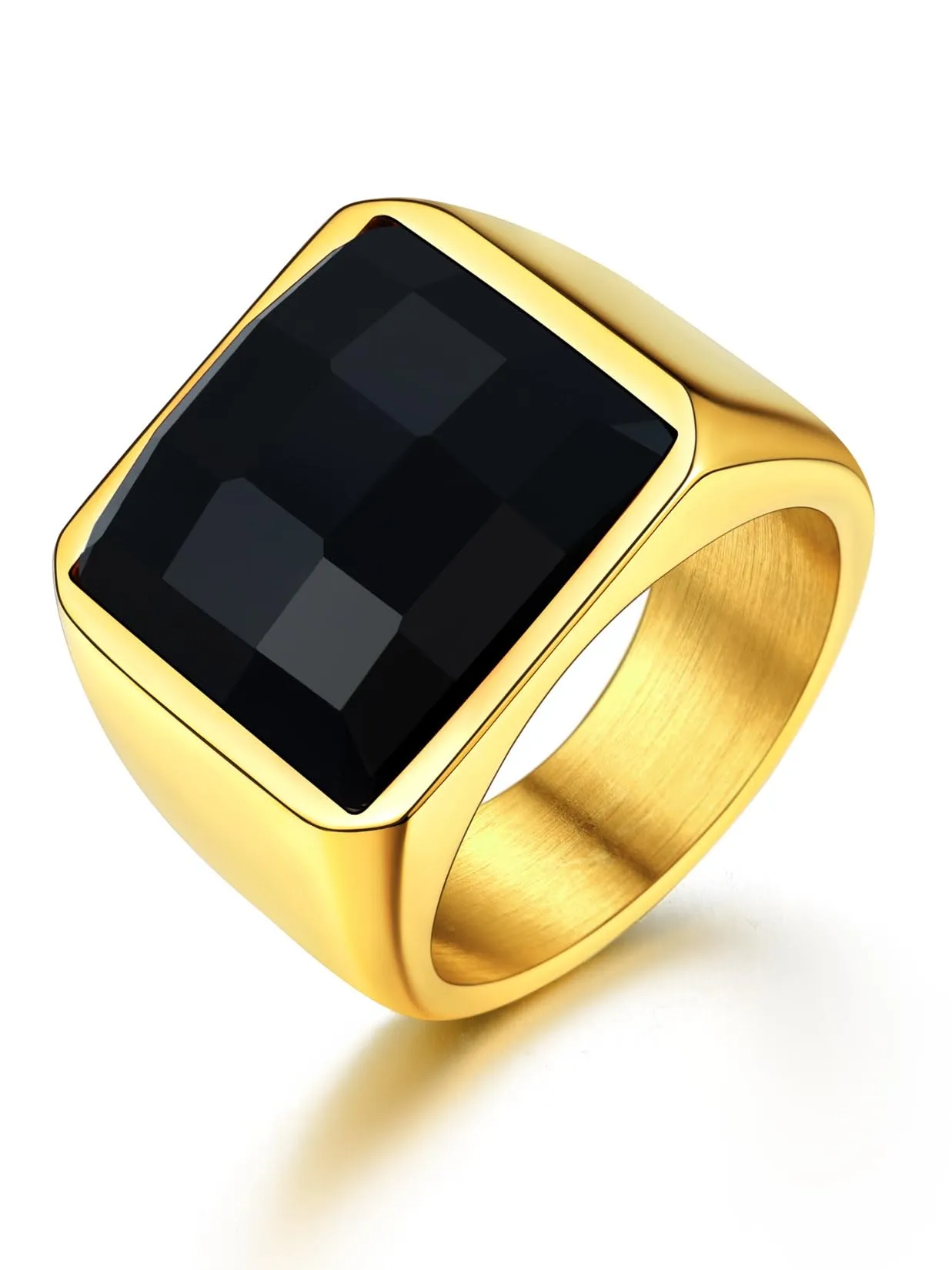 U7 Anello Uomo in Acciaio Inossidabile Oro con Pietra Nera, 15mm, Taglia 14,5 - immagine 1