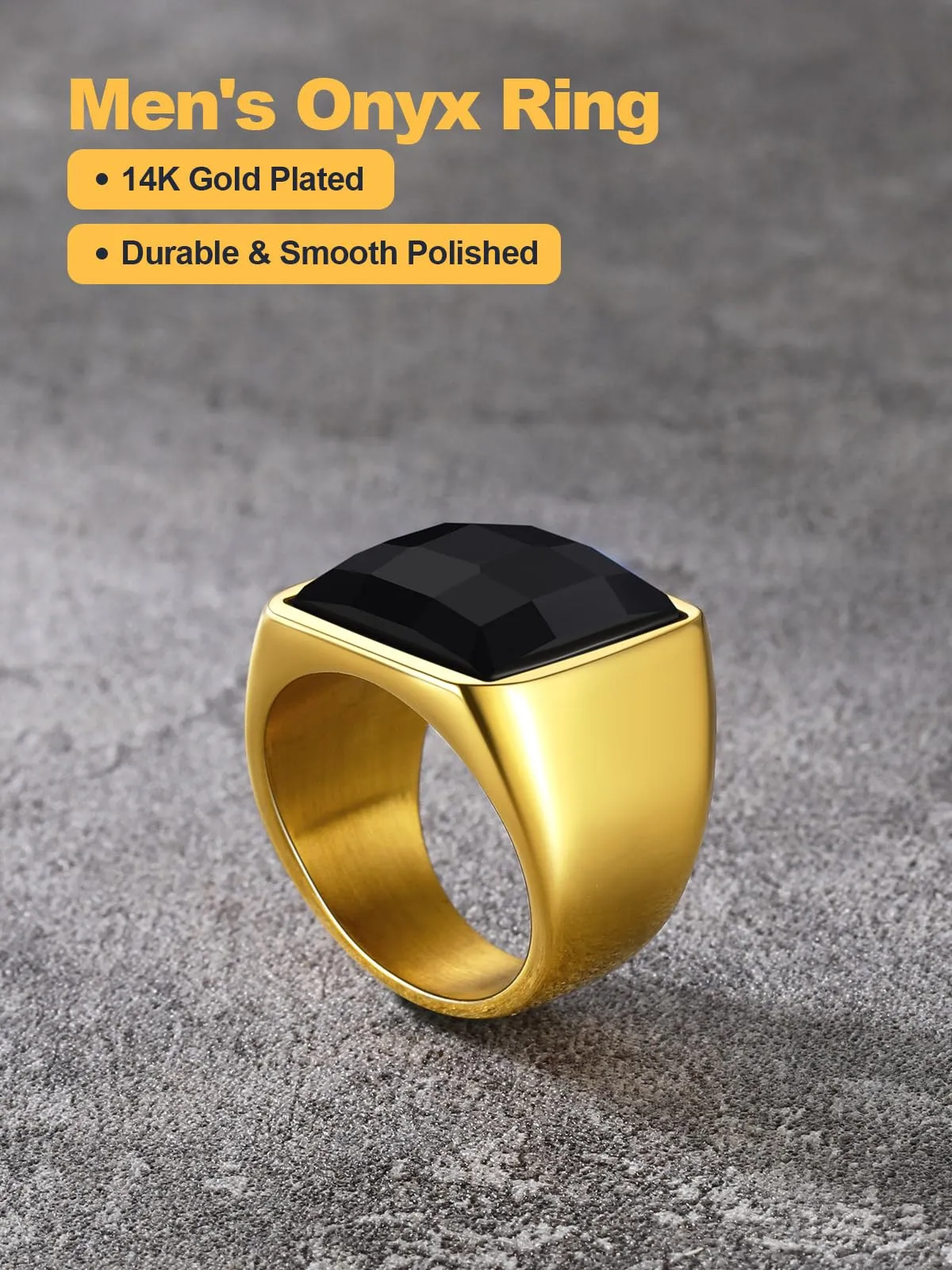 U7 Anello Uomo in Acciaio Inossidabile Oro con Pietra Nera, 15mm, Taglia 14,5 - immagine 4