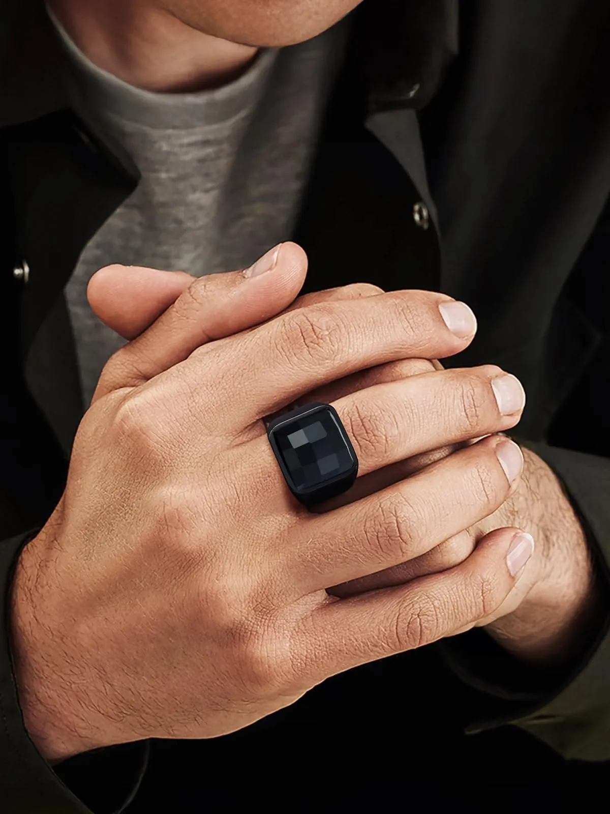 U7 Anello Uomo Nero con Pietra Nera 15mm Acciaio Inossidabile Taglia 14,5 - immagine 3