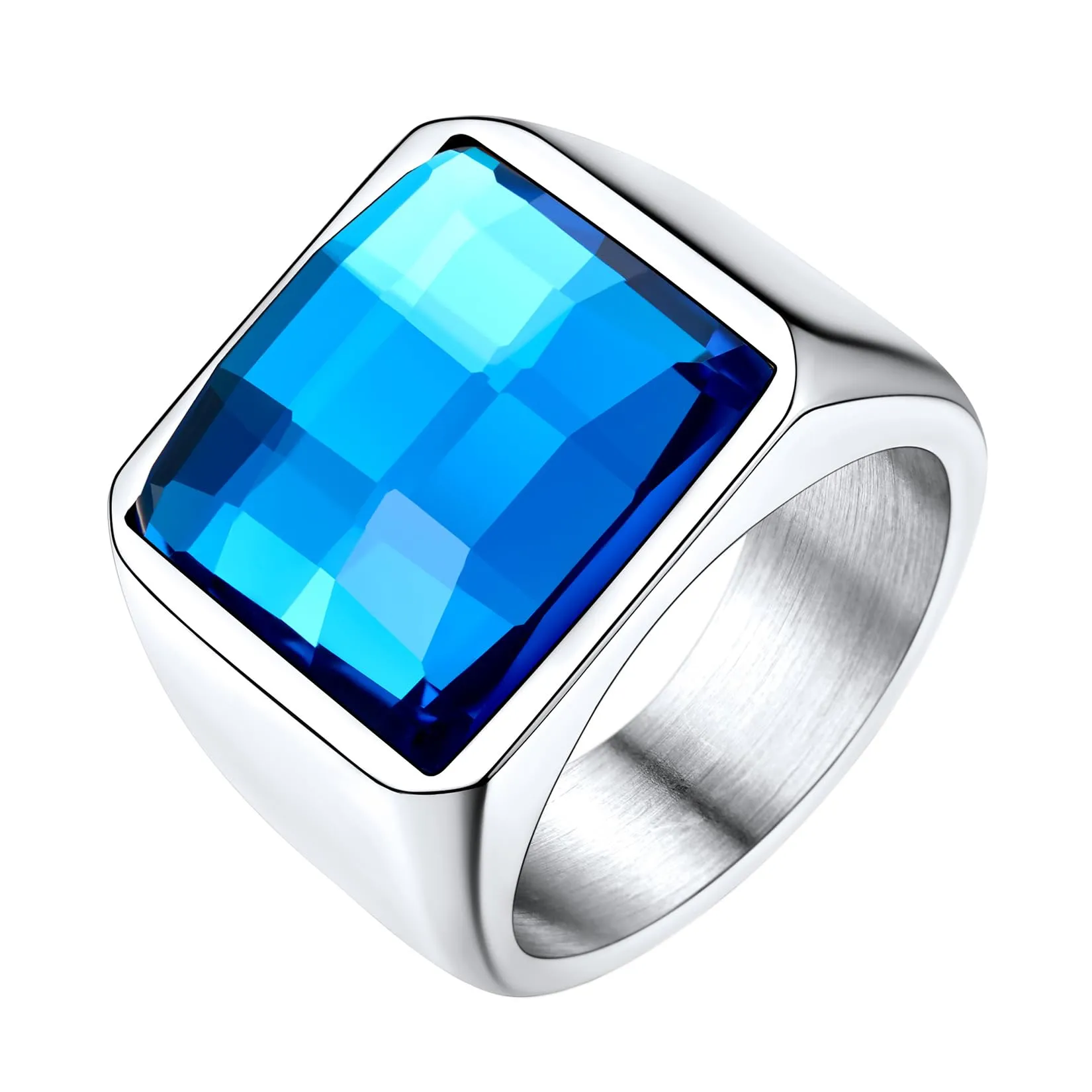U7 Anello Uomo in Acciaio Inossidabile con Pietra Blu 15mm, Taglia 14,5 - immagine 1