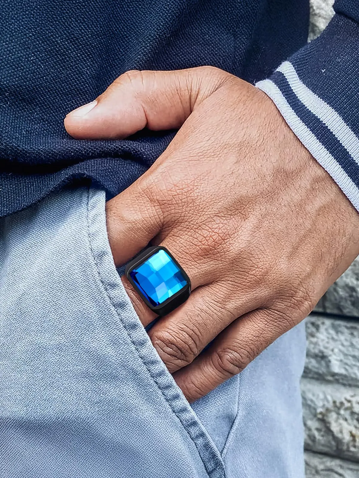 U7 Anello Uomo Nero con Pietra Blu 15mm Acciaio Inossidabile Taglia 30 - immagine 6