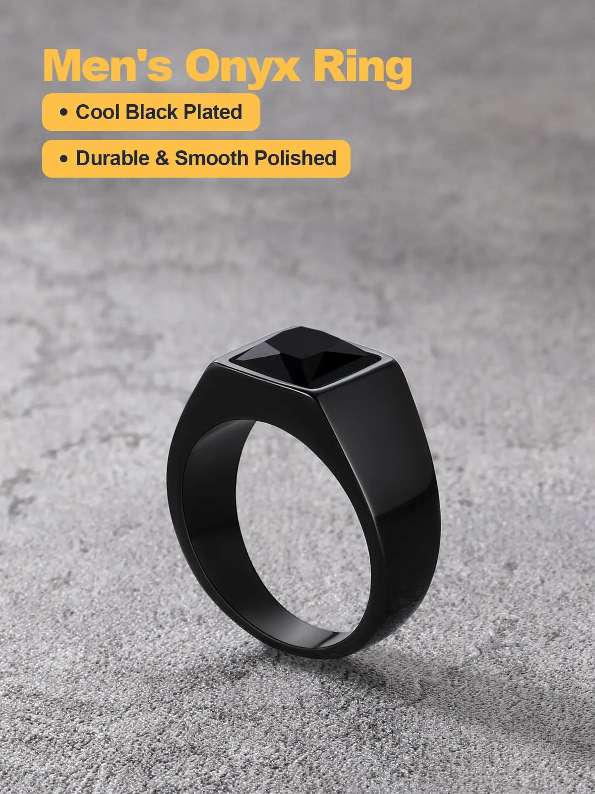U7 Anello Uomo Nero con Pietra Nera 8mm Acciaio Inossidabile Taglia 14,5 - immagine 3