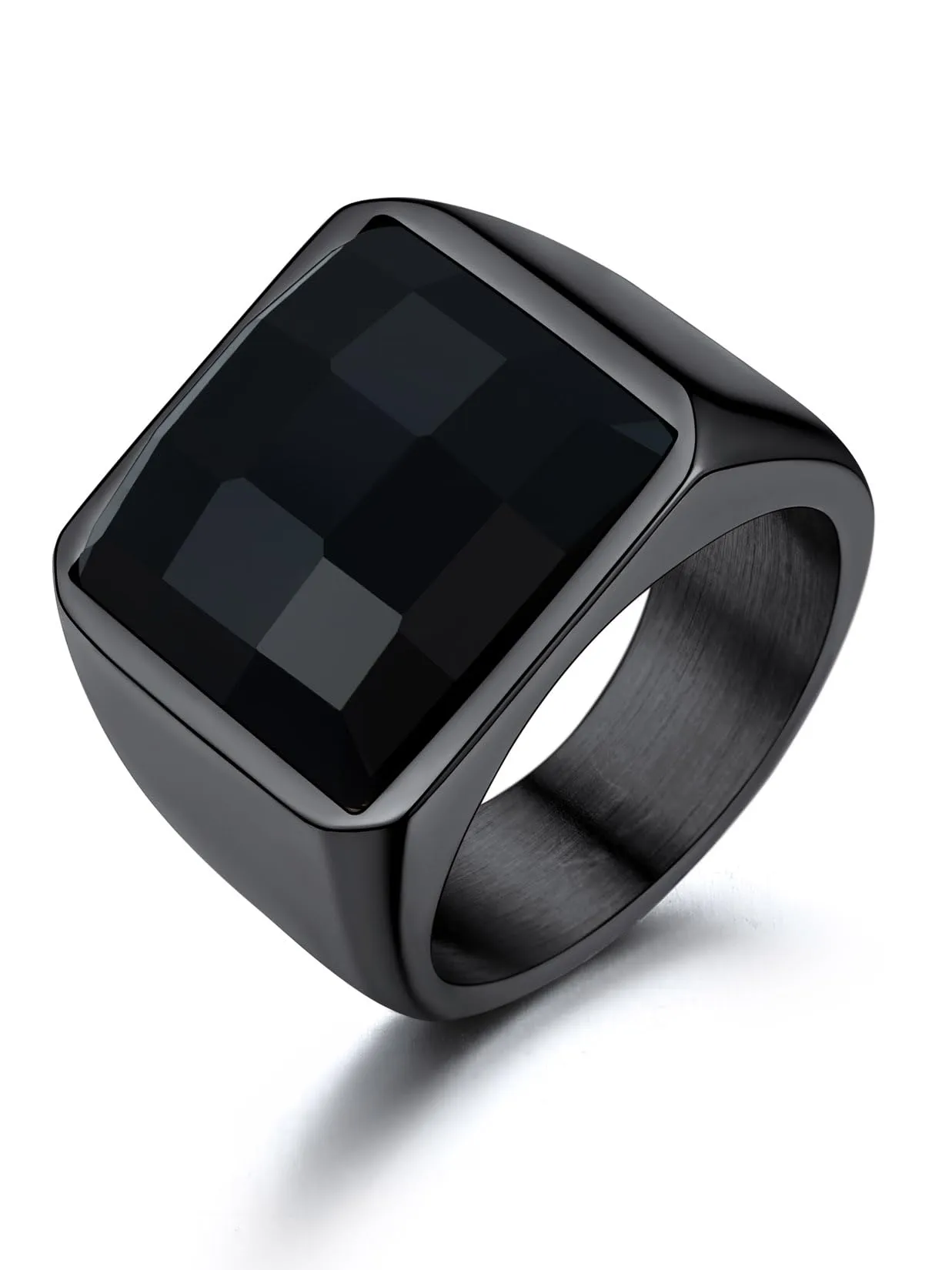 U7 Anello Uomo Nero con Pietra Nera 15mm Acciaio Inossidabile Taglia 10 IT - immagine 1