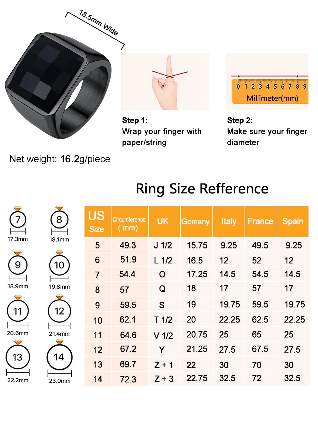 U7 Anello Uomo Nero con Pietra Nera 15mm Acciaio Inossidabile Taglia 10 IT - immagine 6