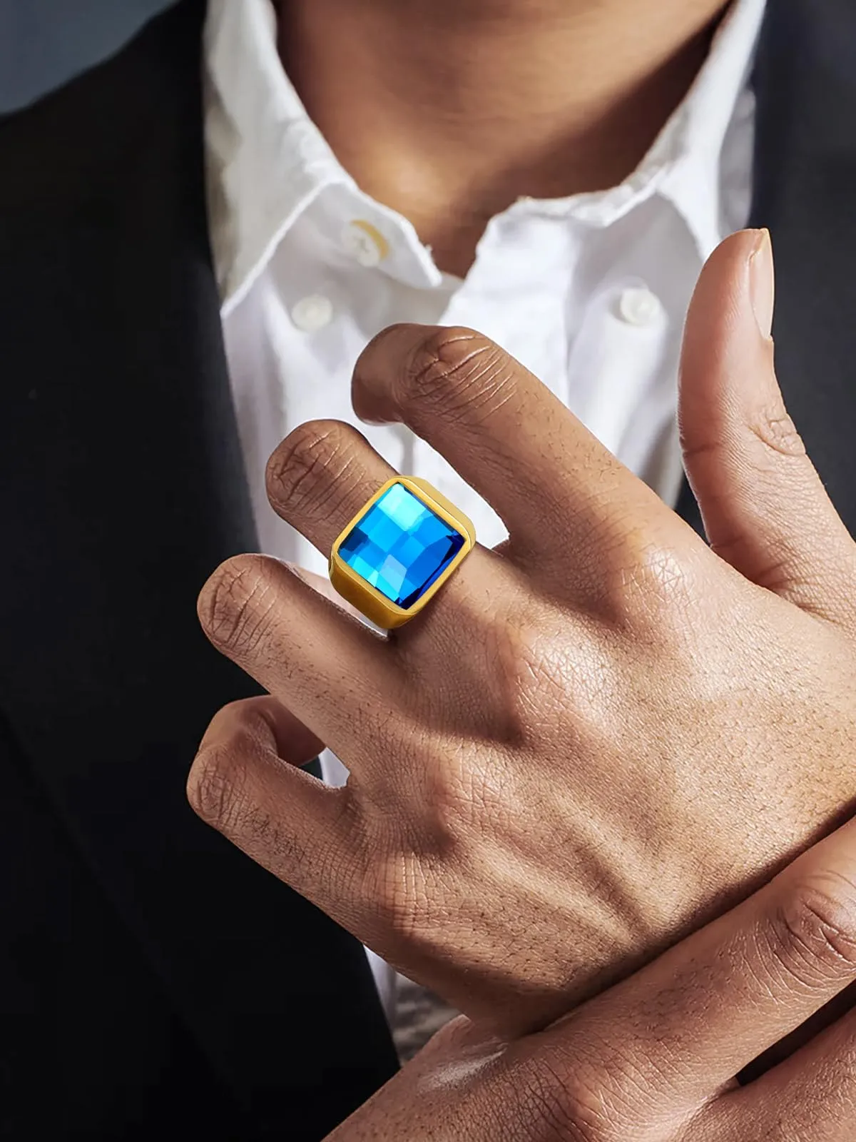 U7 Anello Uomo in Acciaio Inossidabile Oro con Pietra Blu 15mm Taglia 14,5 - immagine 2