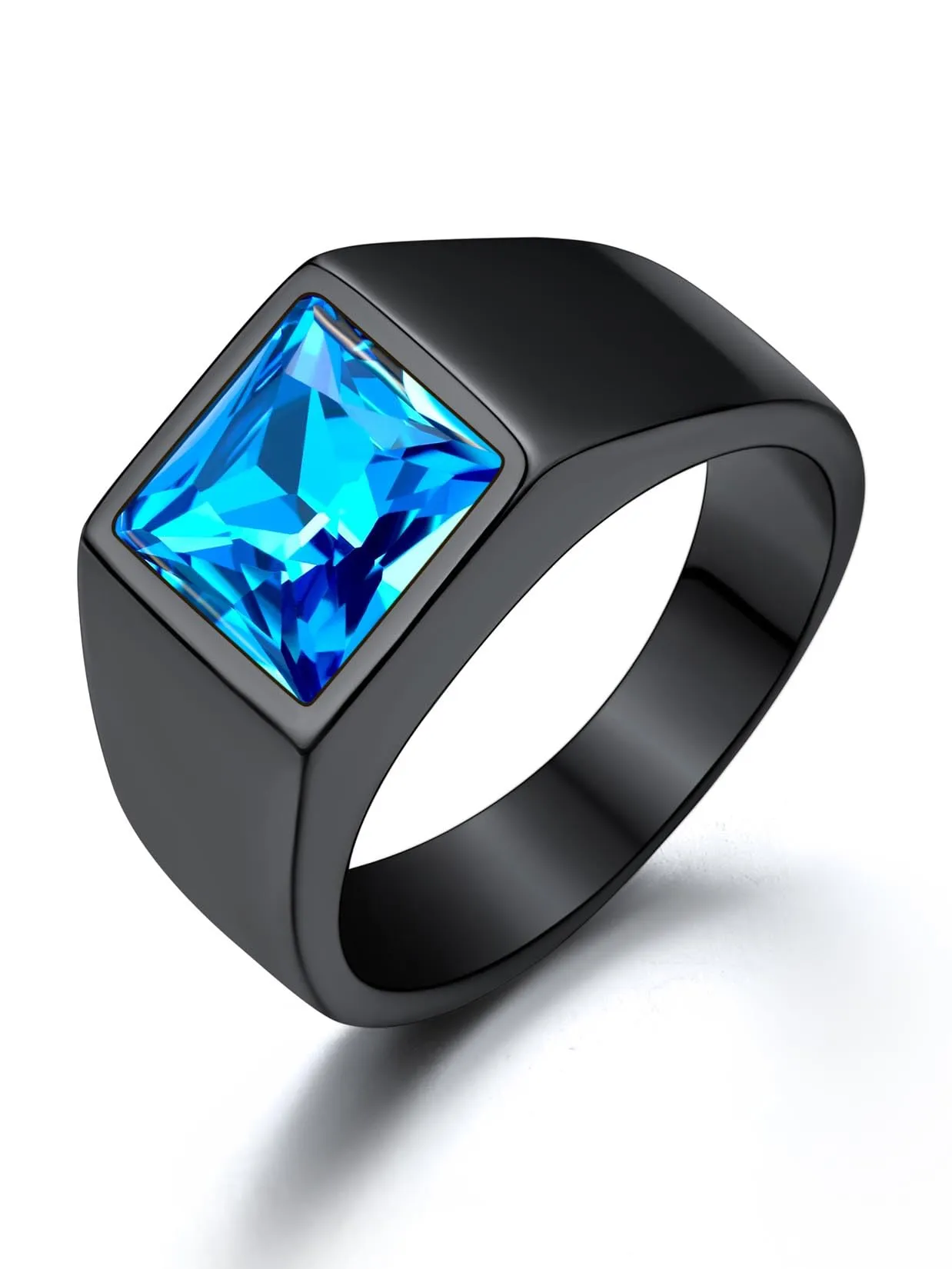 U7 Anello Uomo Nero con Pietra Blu 8mm Acciaio Inossidabile Taglia 22,25 - immagine 1