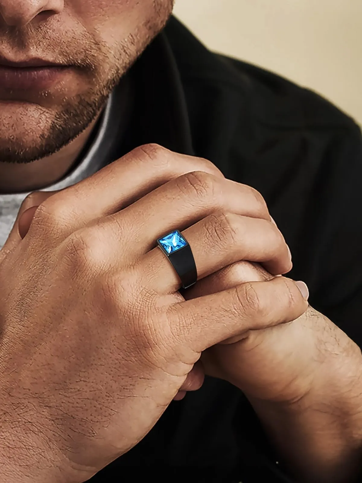 U7 Anello Uomo Nero con Pietra Blu 8mm Acciaio Inossidabile Taglia 22,25 - immagine 5