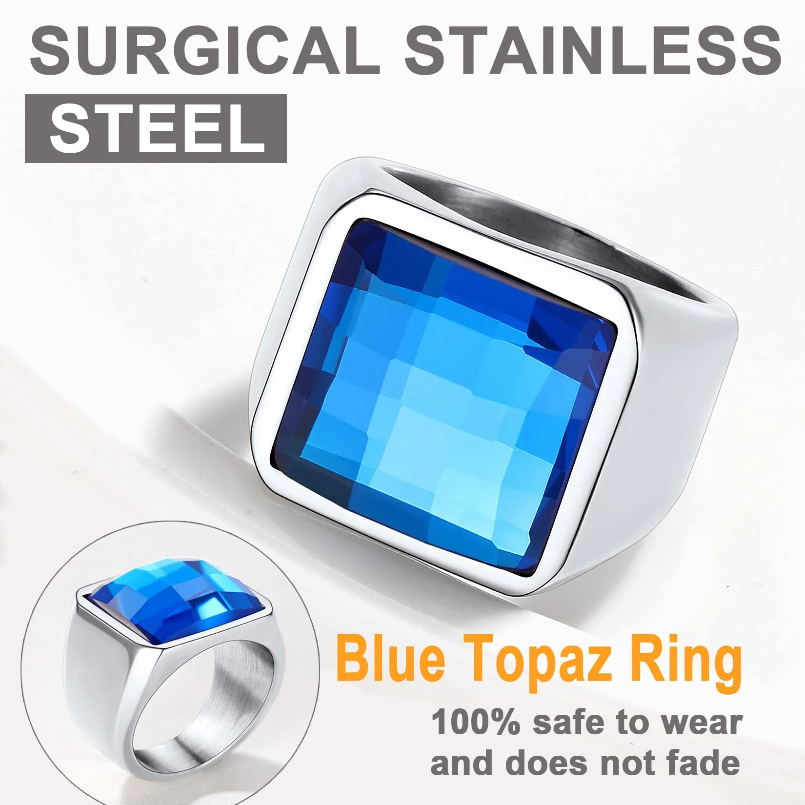 U7 Anello Uomo con Pietra Blu 15mm in Acciaio Inossidabile Taglia 30 - immagine 3