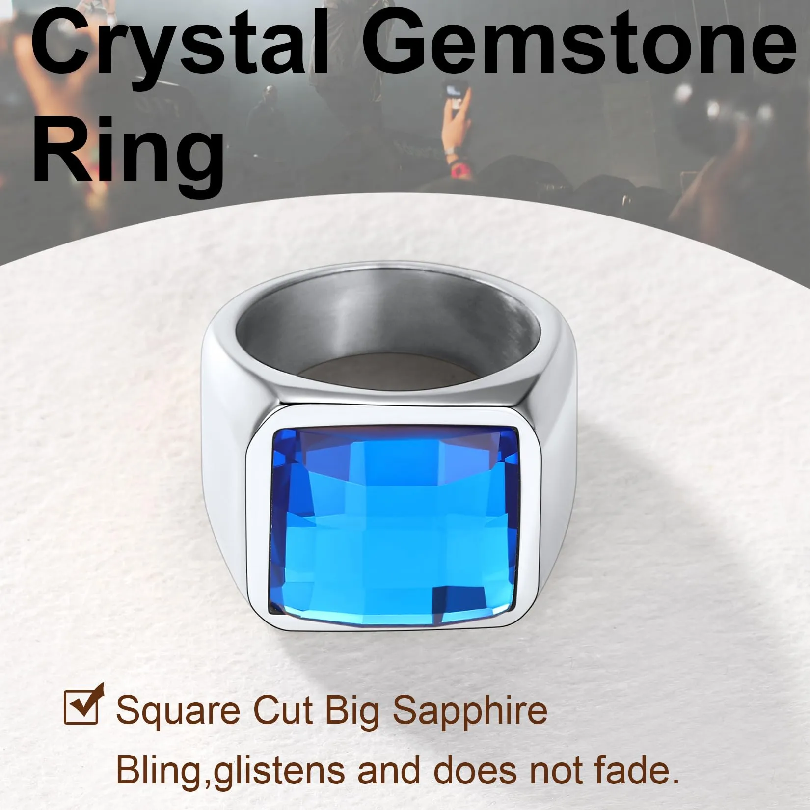 U7 Anello Uomo con Pietra Blu 15mm in Acciaio Inossidabile Taglia 30 - immagine 4