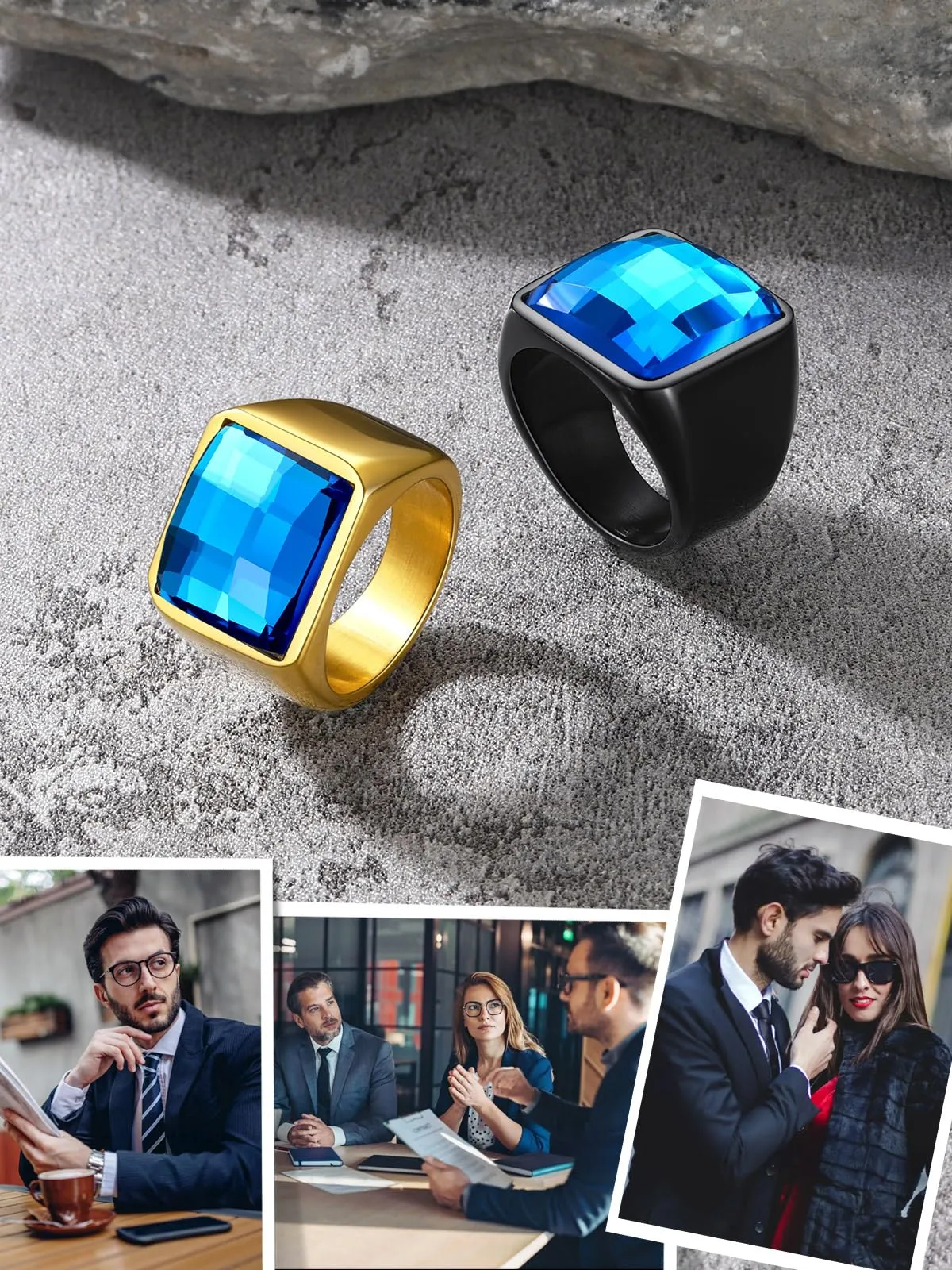 U7 Anello Uomo Nero con Pietra Blu, Acciaio Inossidabile, 15mm, Taglia 14,5 - immagine 7