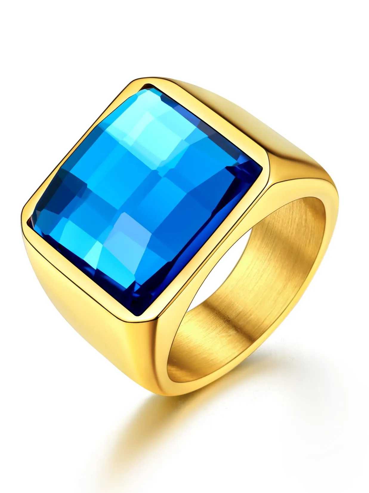 U7 Anello Uomo in Acciaio Inossidabile Oro con Pietra Blu, 15mm, Taglia 25 - immagine 1