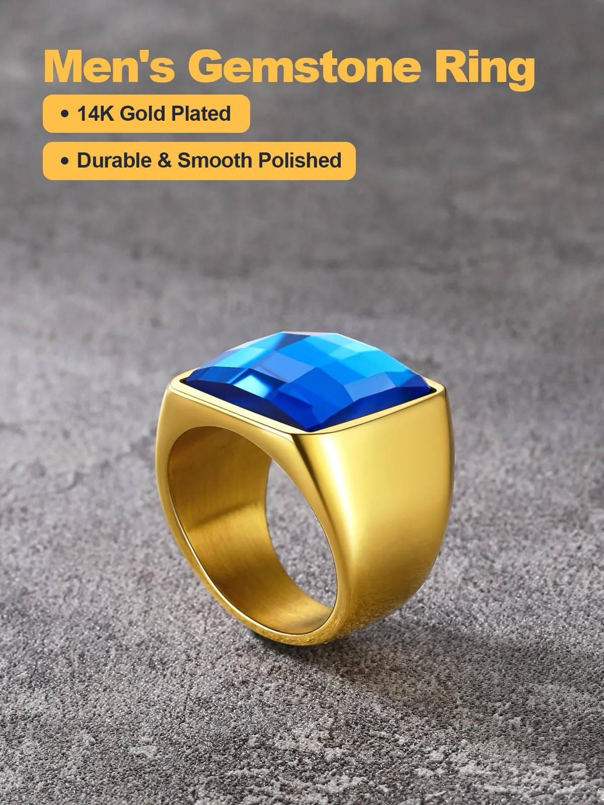 U7 Anello Uomo in Acciaio Inossidabile Oro con Pietra Blu, 15mm, Taglia 25 - immagine 5