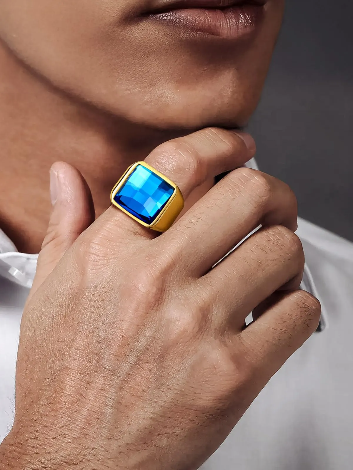 U7 Anello Uomo in Acciaio Inossidabile Oro con Pietra Blu, 15mm, Taglia 25 - immagine 6