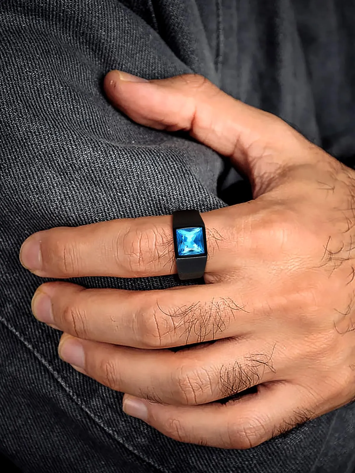 U7 Anello Uomo Nero con Pietra Blu 8mm Acciaio Inossidabile Taglia 9 - immagine 6