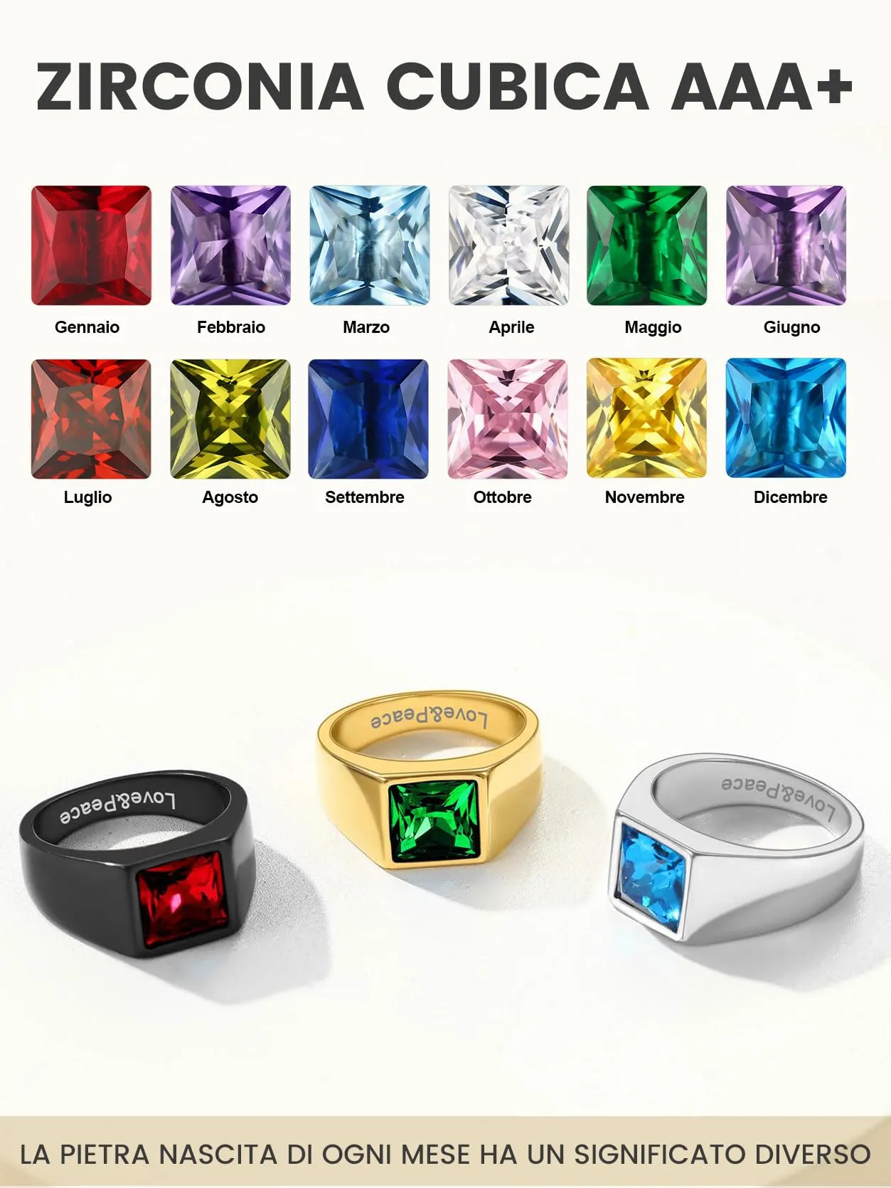GoldChic Anello Pietra Portafortuna 12 Mesi Intarsio 3D Personalizzato - immagine 2