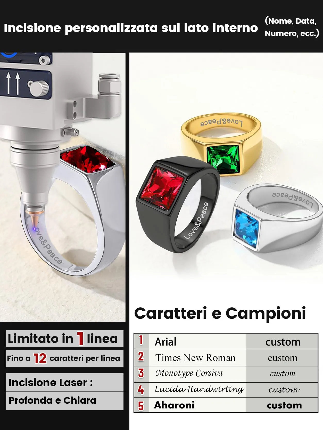 GoldChic Anello Pietra Portafortuna 12 Mesi Intarsio 3D Personalizzato - immagine 4