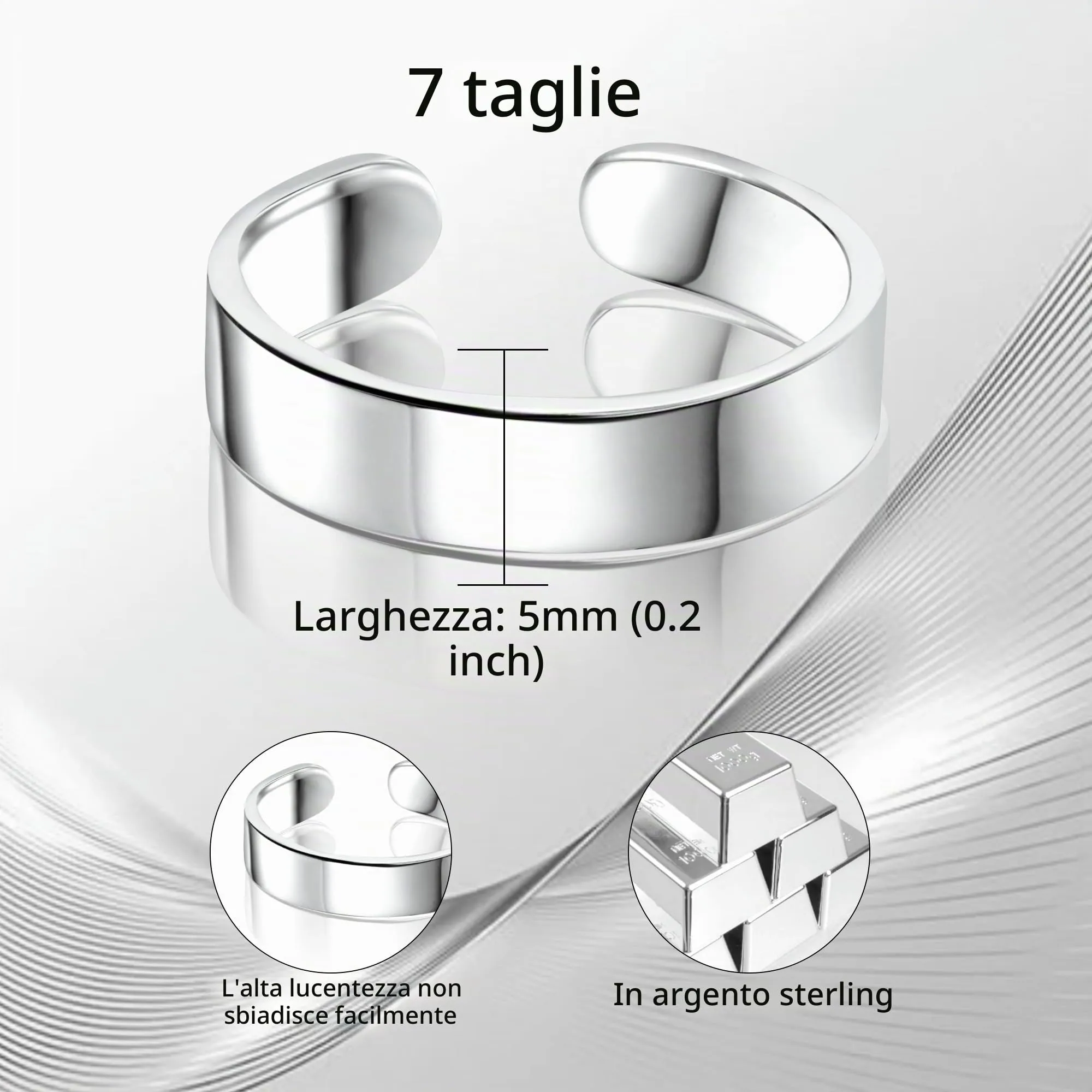 ALEXCRAFT Anello Argento Regolabile 5mm Unisex - immagine 7