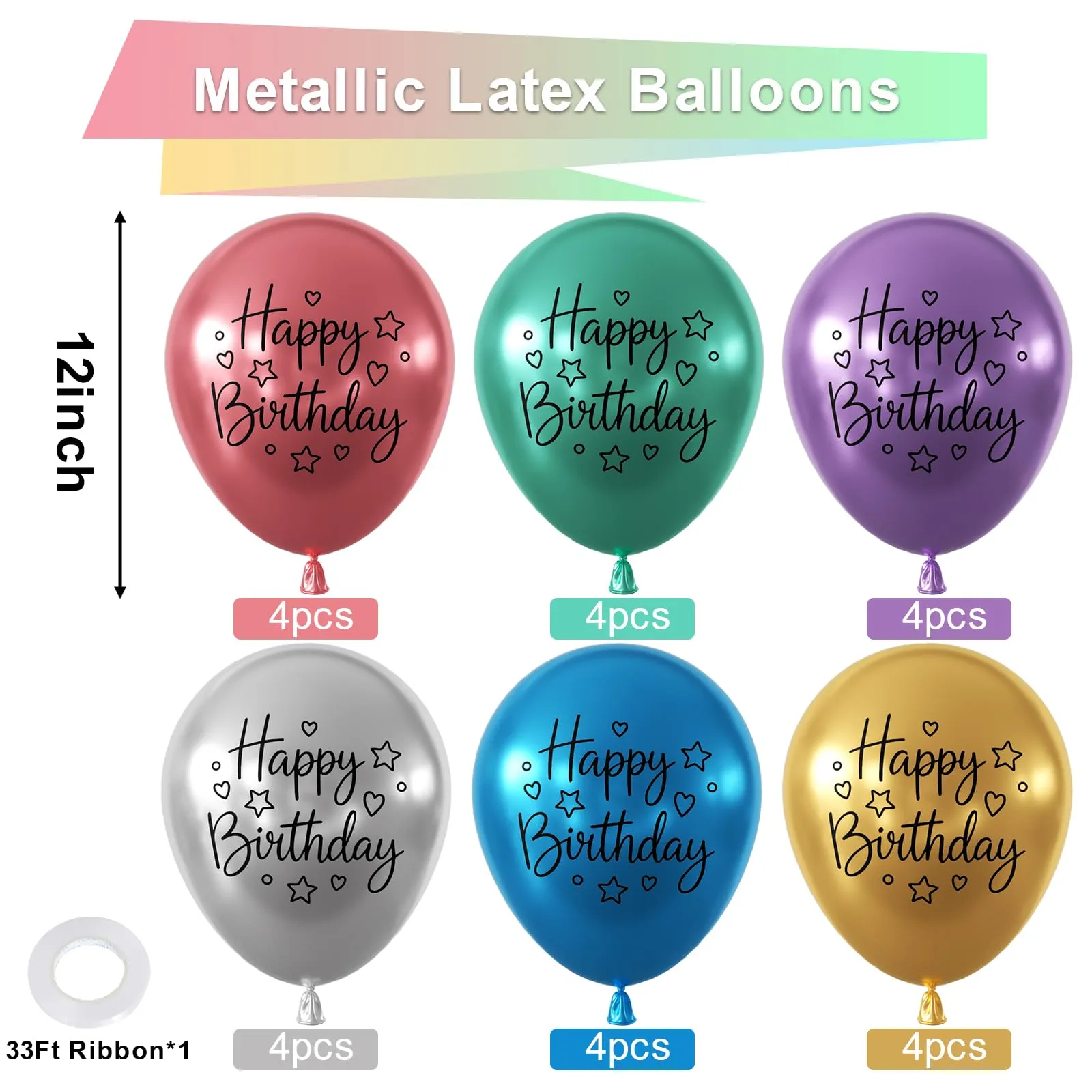 fairymaiden Palloncini Metallizzati Happy Birthday, 24 Pezzi, 12 Pollici - immagine 2