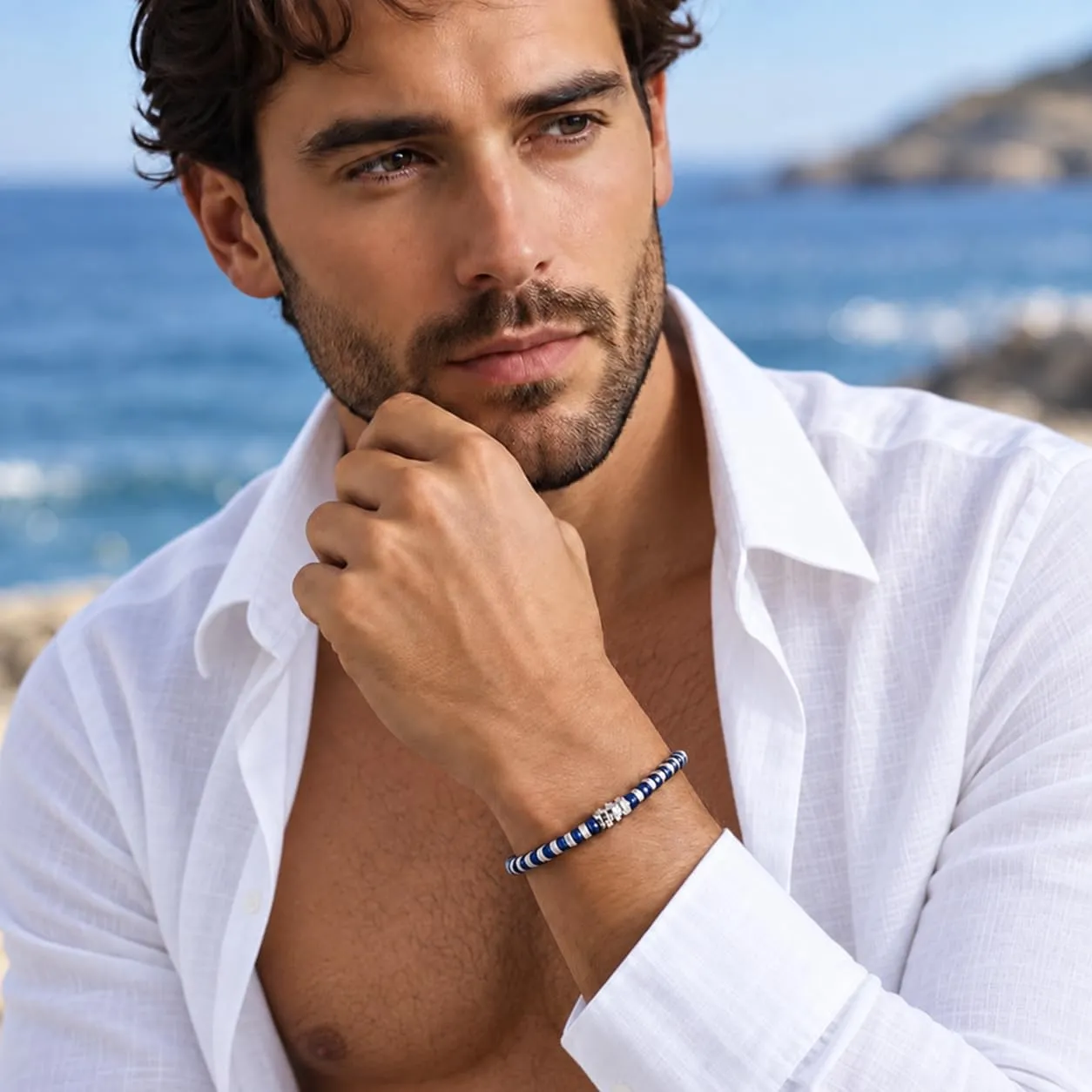 SAGA GIOIELLI Bracciale Uomo in Acciaio Inossidabile Regolabile 17,5 + 3,5 cm Blu-Argento - immagine 2