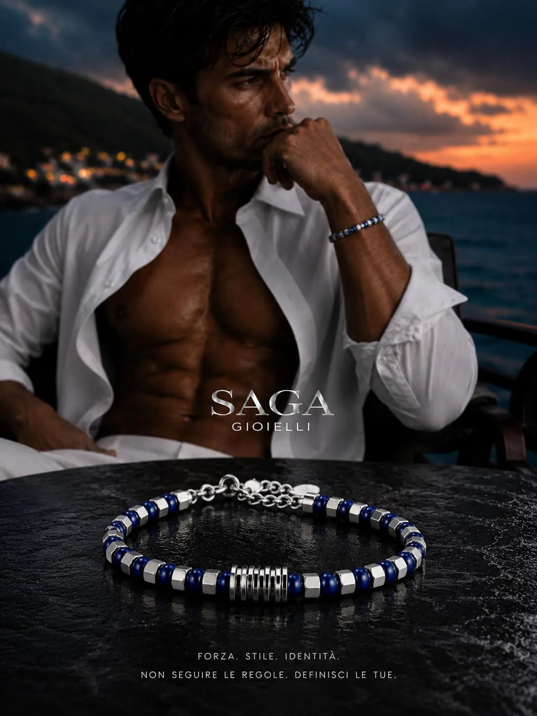 SAGA GIOIELLI Bracciale Uomo in Acciaio Inossidabile Regolabile 17,5 + 3,5 cm Blu-Argento - immagine 3
