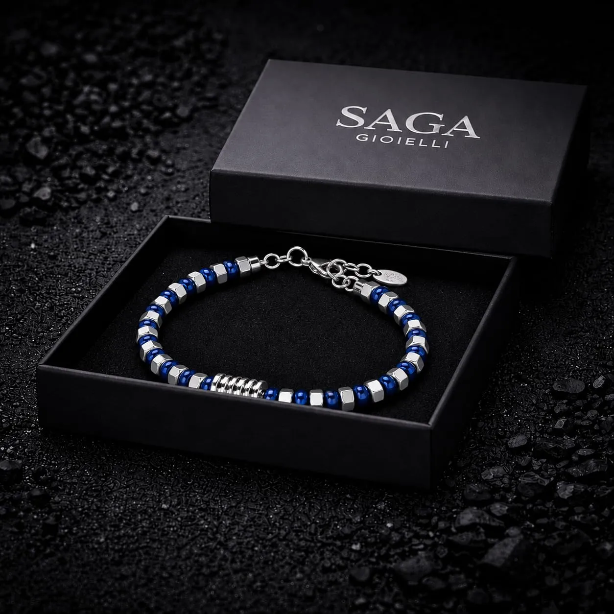 SAGA GIOIELLI Bracciale Uomo in Acciaio Inossidabile Regolabile 17,5 + 3,5 cm Blu-Argento - immagine 6