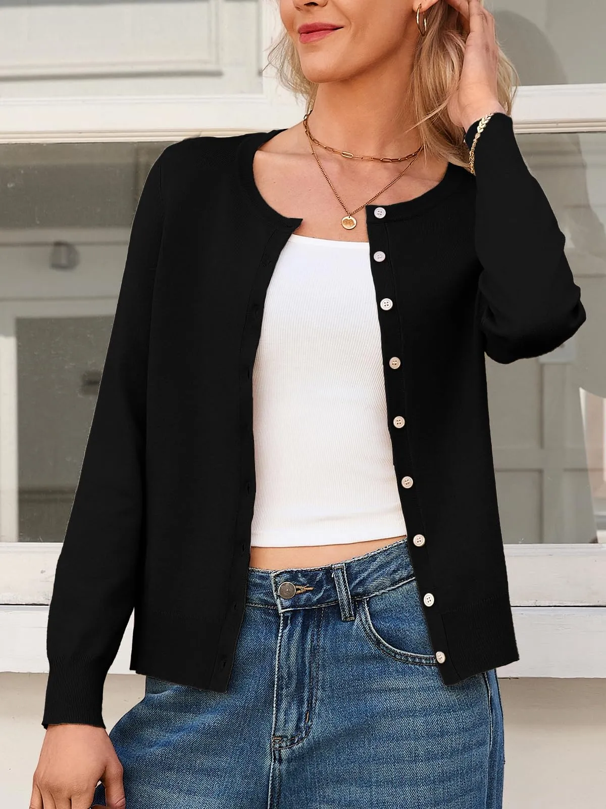 Saodimallsu Cardigan Leggero da Donna a Maniche Lunghe con Bottoni, Nero, M - immagine 3