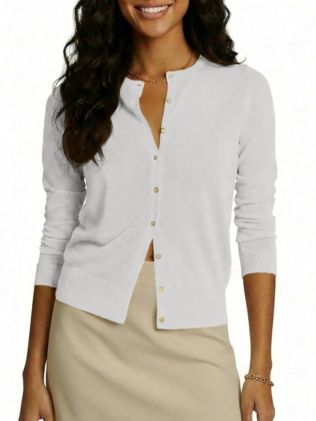 Saodimallsu Cardigan Leggero da Donna a Maniche Lunghe con Bottoni, Bianco, S - immagine 1