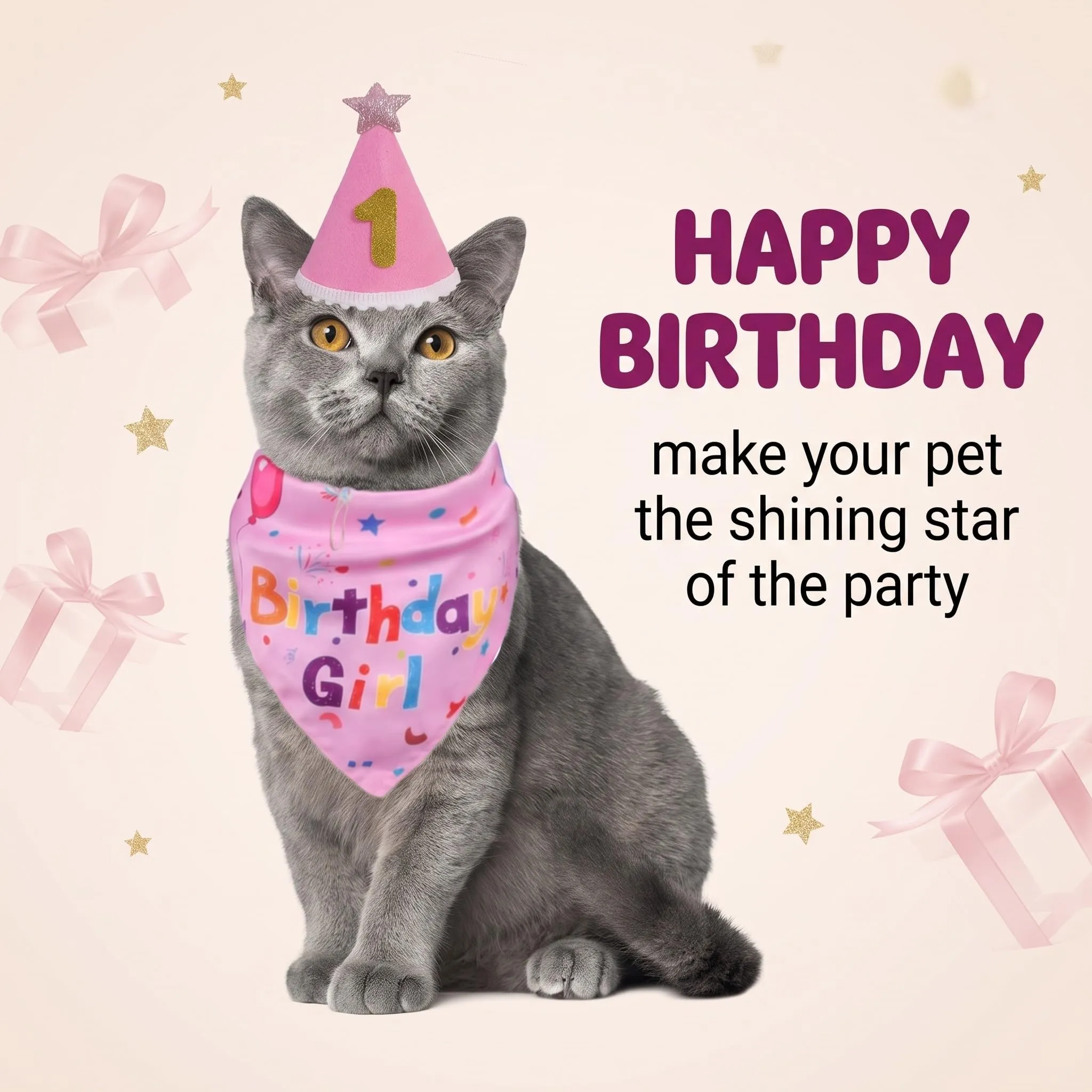 OIXEYA Set Compleanno Cane e Gatto con Bandana Rosa e Cappello, Taglia M - immagine 2