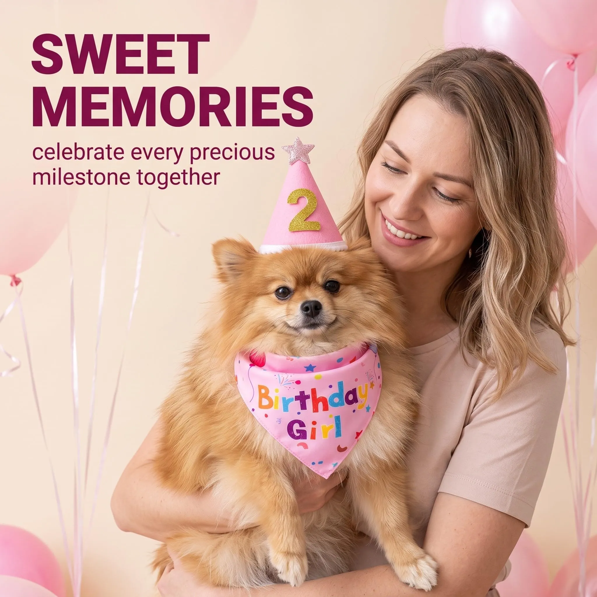 OIXEYA Set Compleanno Cane e Gatto con Bandana Rosa e Cappello, Taglia M - immagine 3